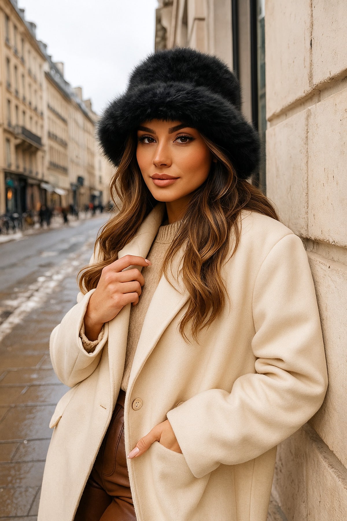 Peluş Ayarlanabilir Siyah Bucket Kalpak Şapka-Bere SPK1142