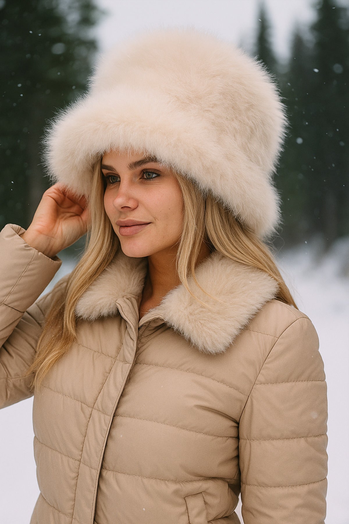 Peluş Ayarlanabilir Bej Bucket Kalpak Şapka-Bere SPK1142