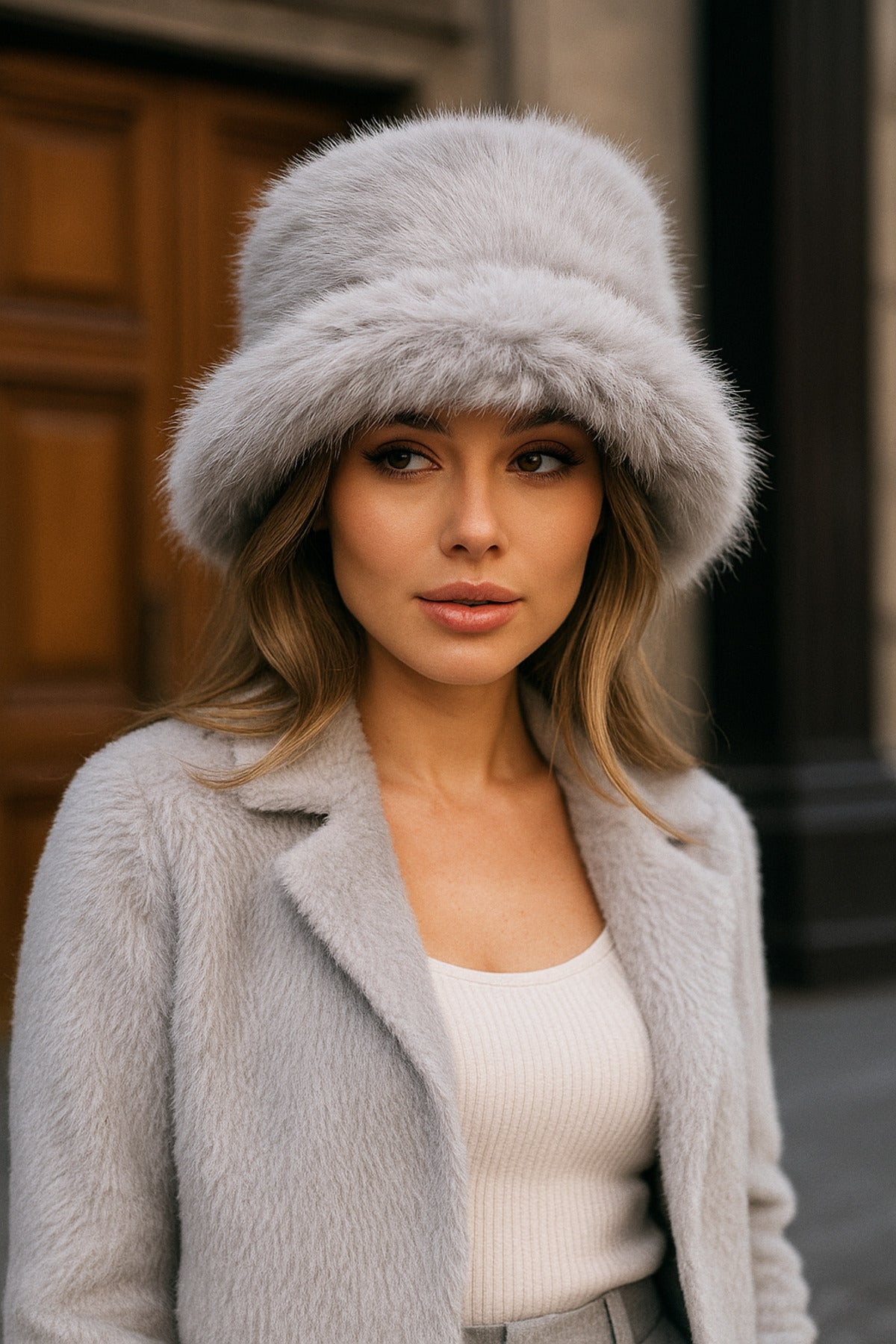 Peluş Ayarlanabilir Gri Bucket Kalpak Şapka-bere Spk1142