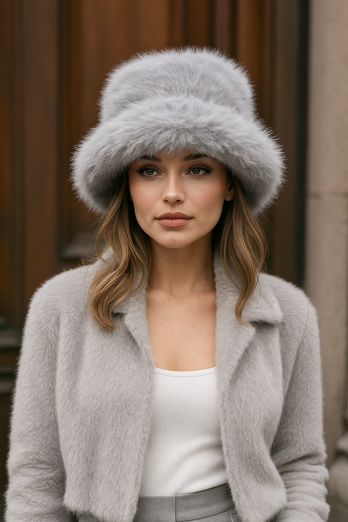 Peluş Ayarlanabilir Gri Bucket Kalpak Şapka-bere Spk1142