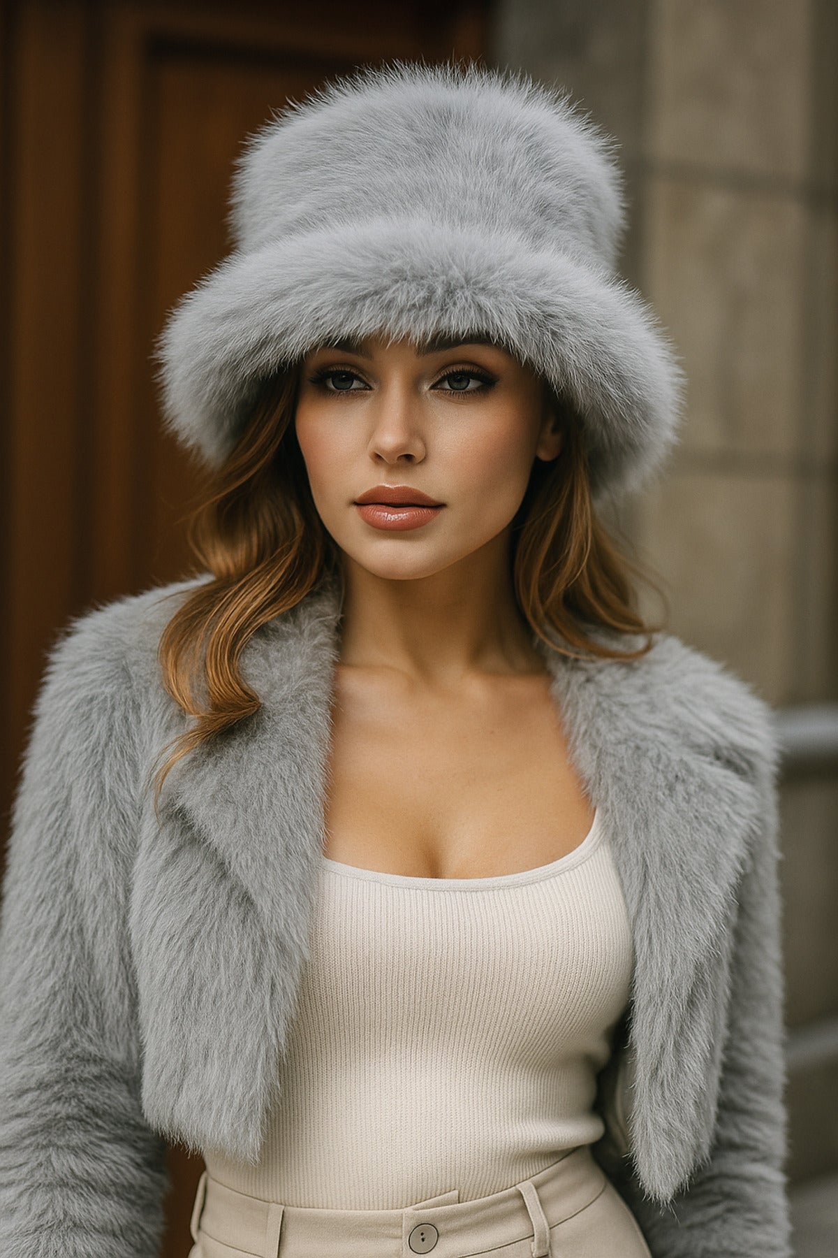 Peluş Ayarlanabilir Gri Bucket Kalpak Şapka-bere Spk1142