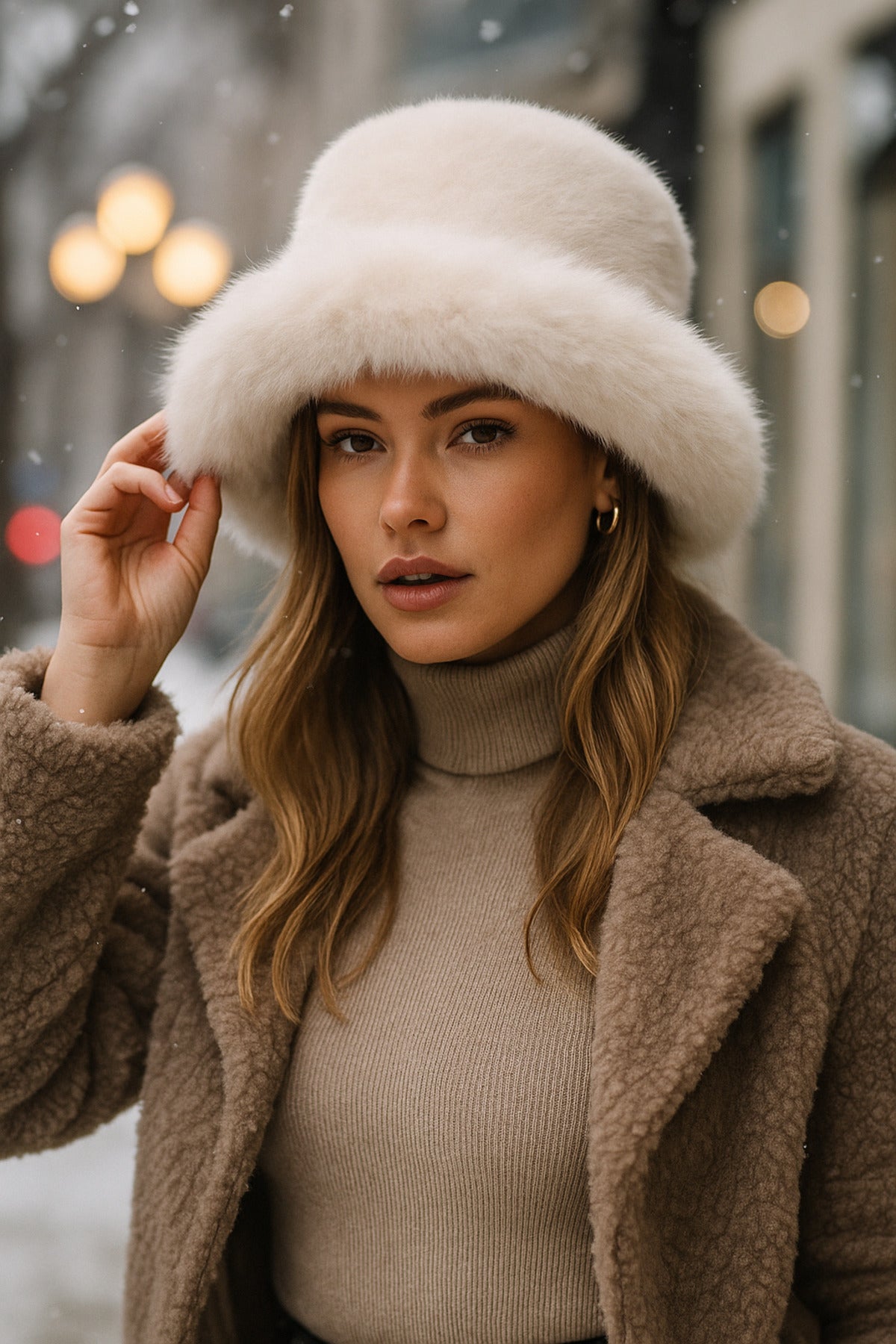 Bej Kalın Peluş Kalpak Şapka - Bere Sıcak Tutan Şık Dış Mekan Soğuktan Koruma Spk1143