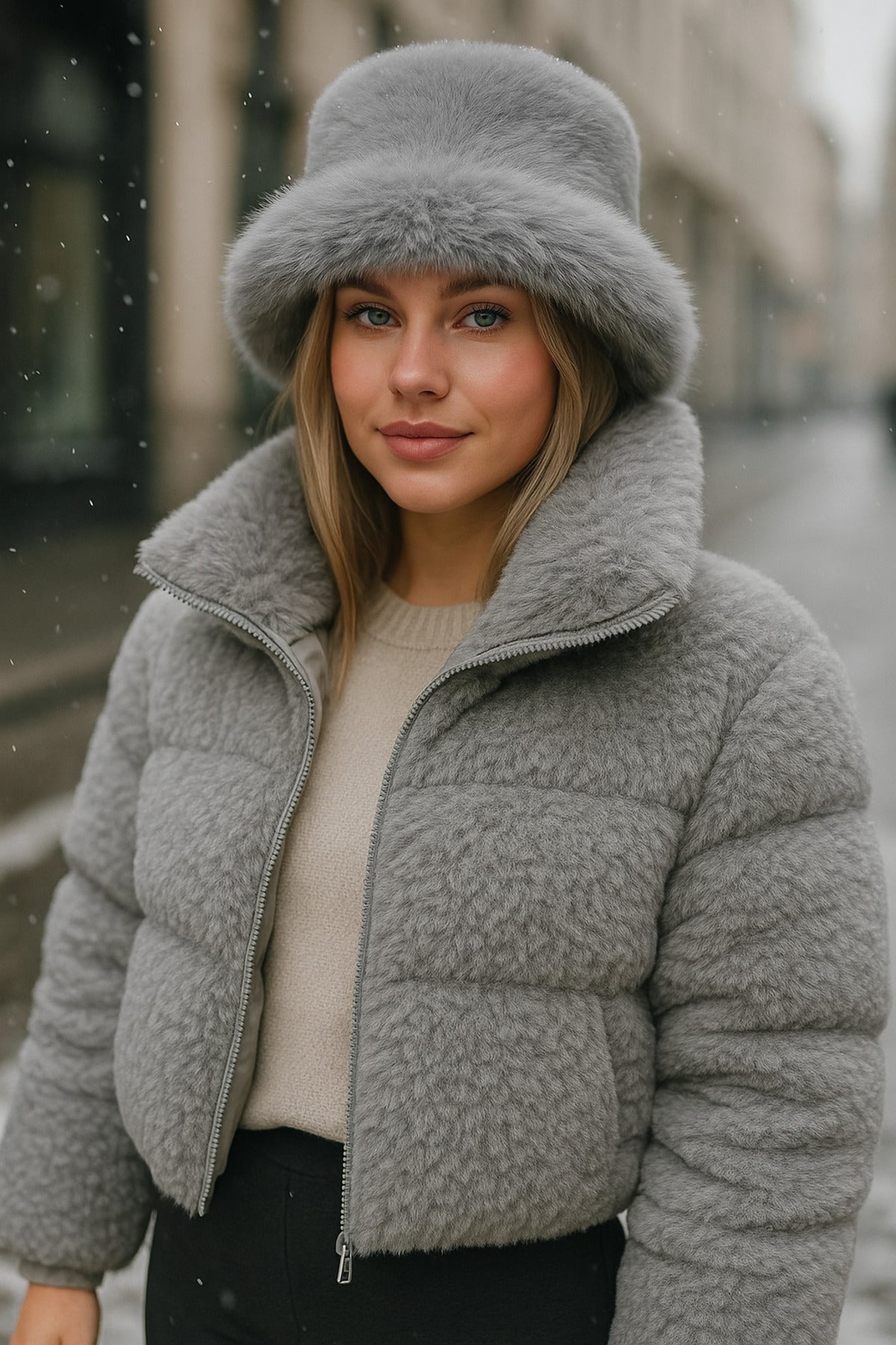 Gri Kalın Peluş Kalpak Şapka - Bere Sıcak Tutan Şık Dış Mekan Soğuktan Koruma Spk1143