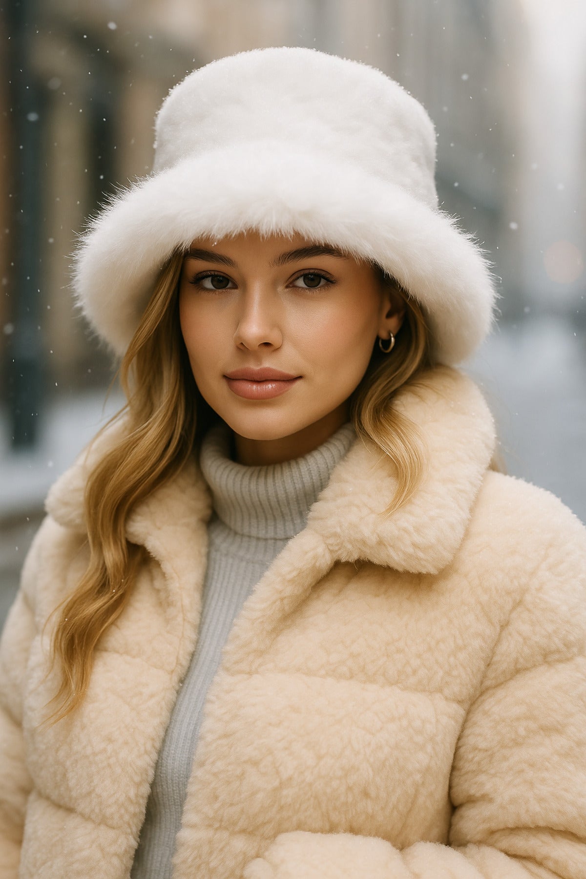 Ekru Kalın Peluş Kalpak Şapka Bere - Sıcak Tutan Şık Dış Mekan Soğuktan Koruma Spk1143