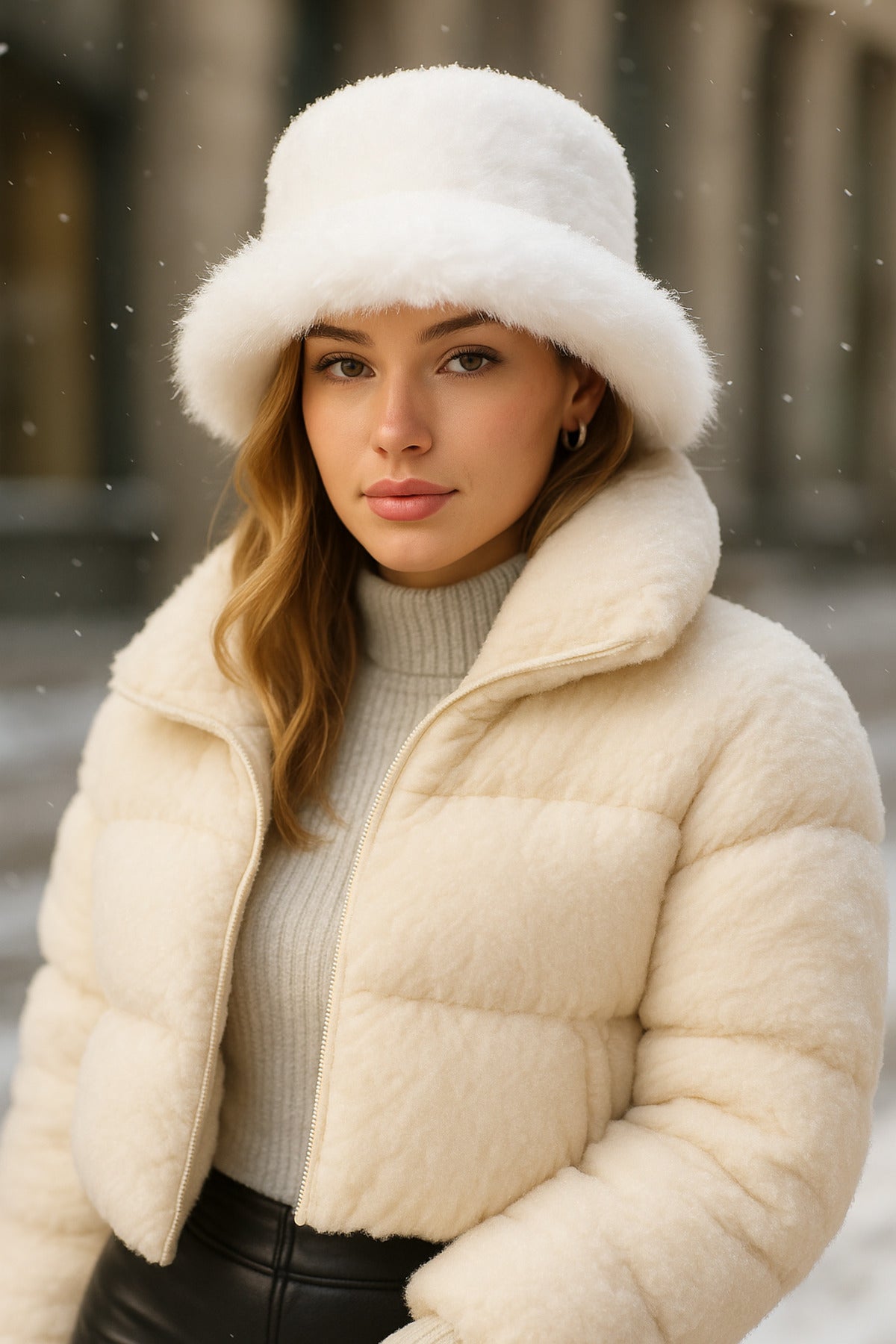 Ekru Kalın Peluş Kalpak Şapka Bere - Sıcak Tutan Şık Dış Mekan Soğuktan Koruma Spk1143