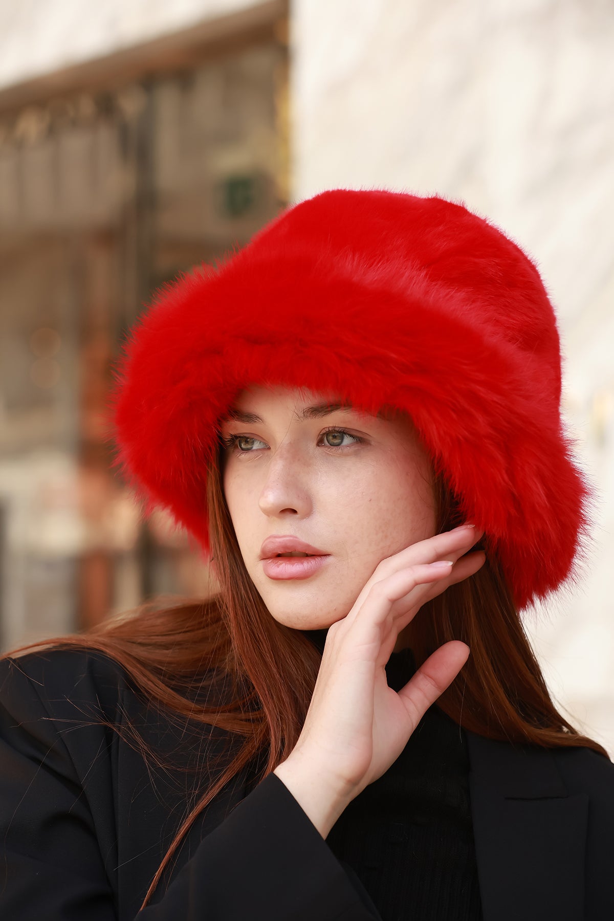 Kırmızı Kalın Peluş Kalpak Şapka Bere - Sıcak Tutan Şık Dış Mekan Soğuktan Koruma Spk1143