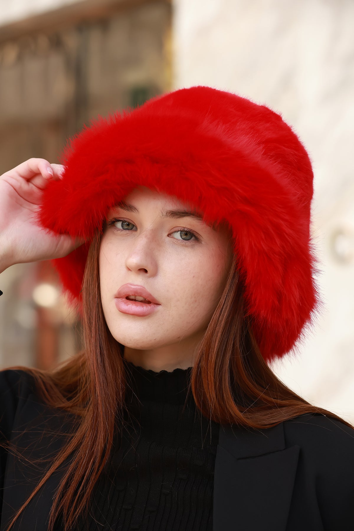 Kırmızı Kalın Peluş Kalpak Şapka Bere - Sıcak Tutan Şık Dış Mekan Soğuktan Koruma Spk1143