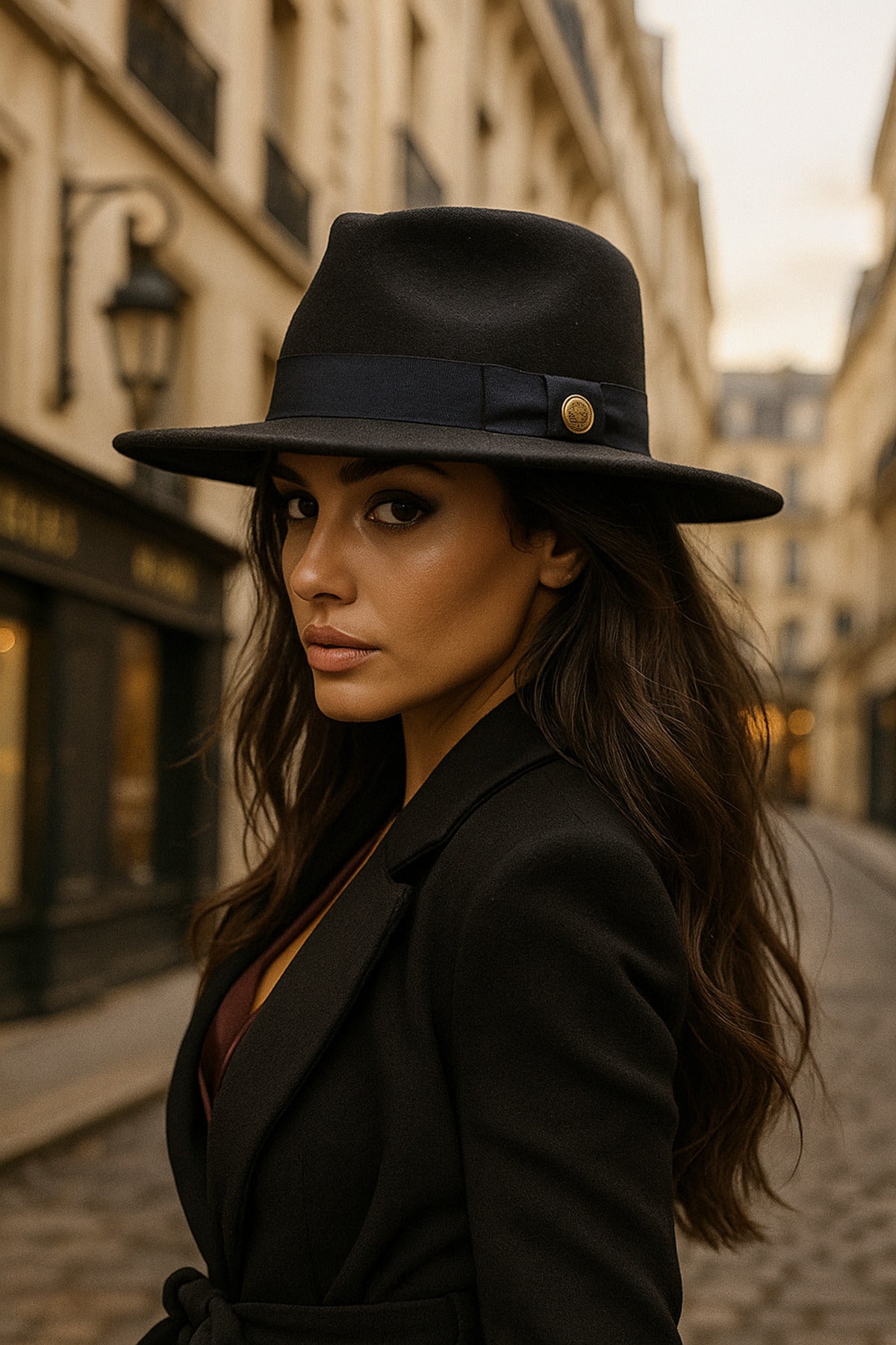 Kadın Siyah Geniş Kenarlı Şapka - Altın Renk Düğmeli, Siyah Bantlı, Şık Ve Modern Tasarım Spk1145