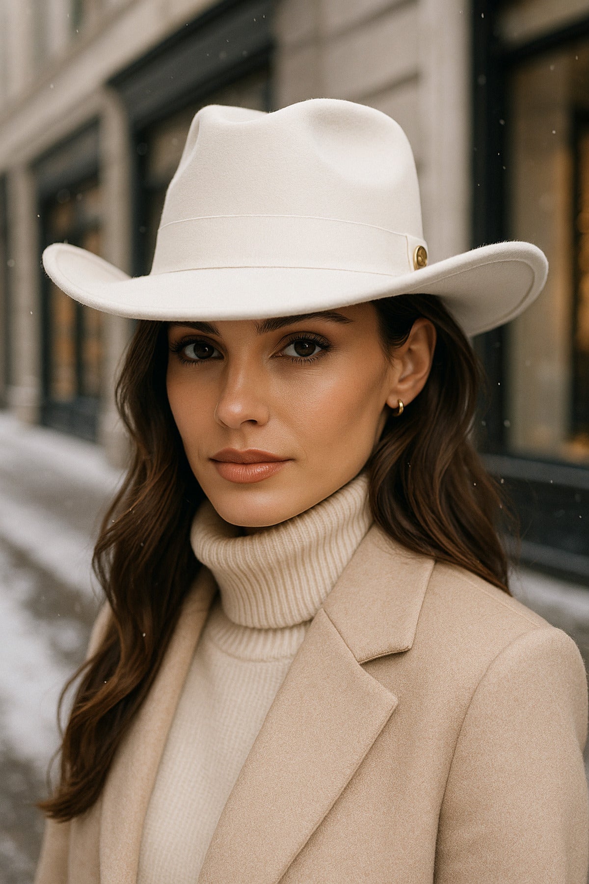 Kadın Beyaz Kenarı Kıvrık Kovboy Kaşe Panama Şapka SPK1149