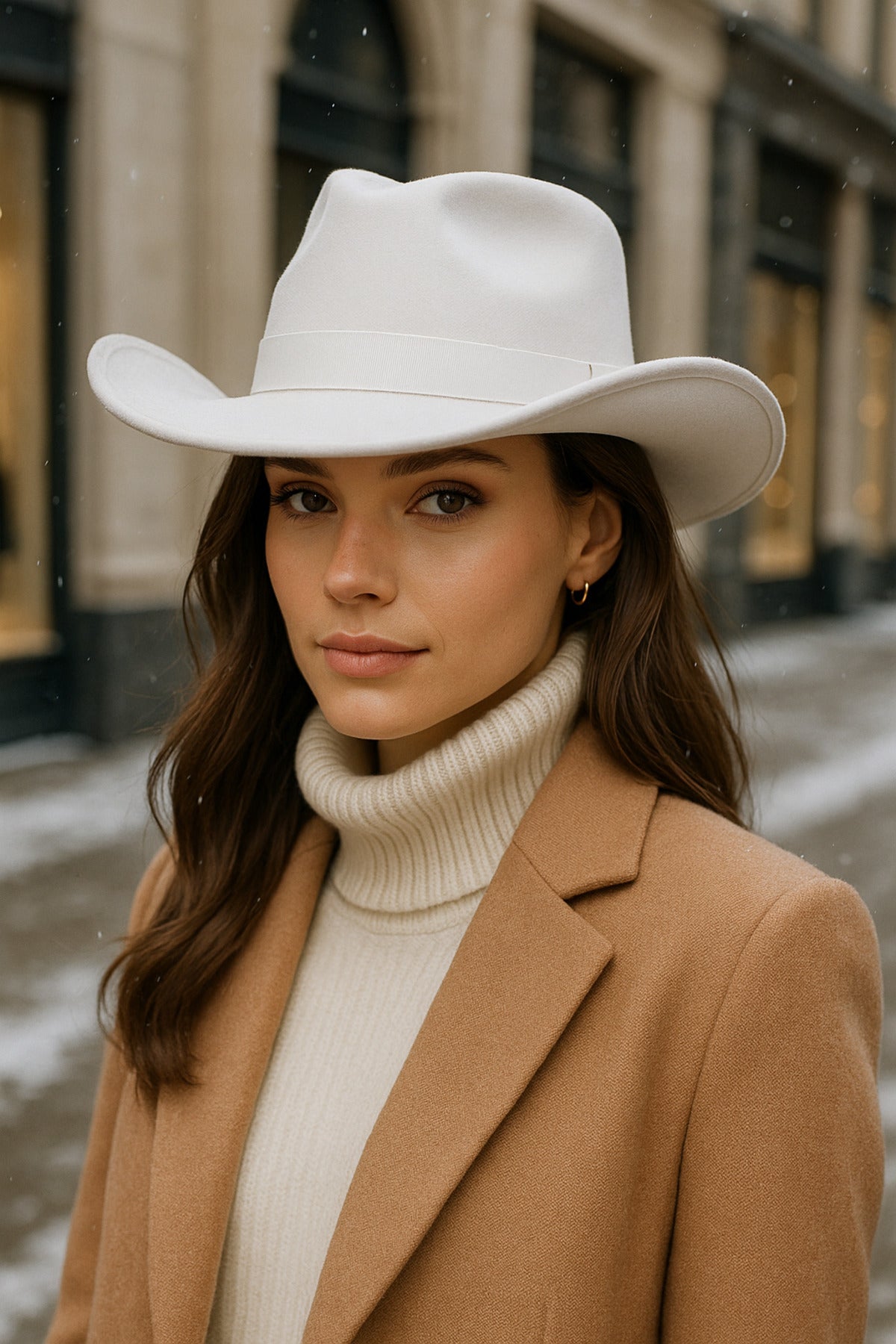 Kadın Beyaz Kenarı Kıvrık Kovboy Kaşe Panama Şapka SPK1149