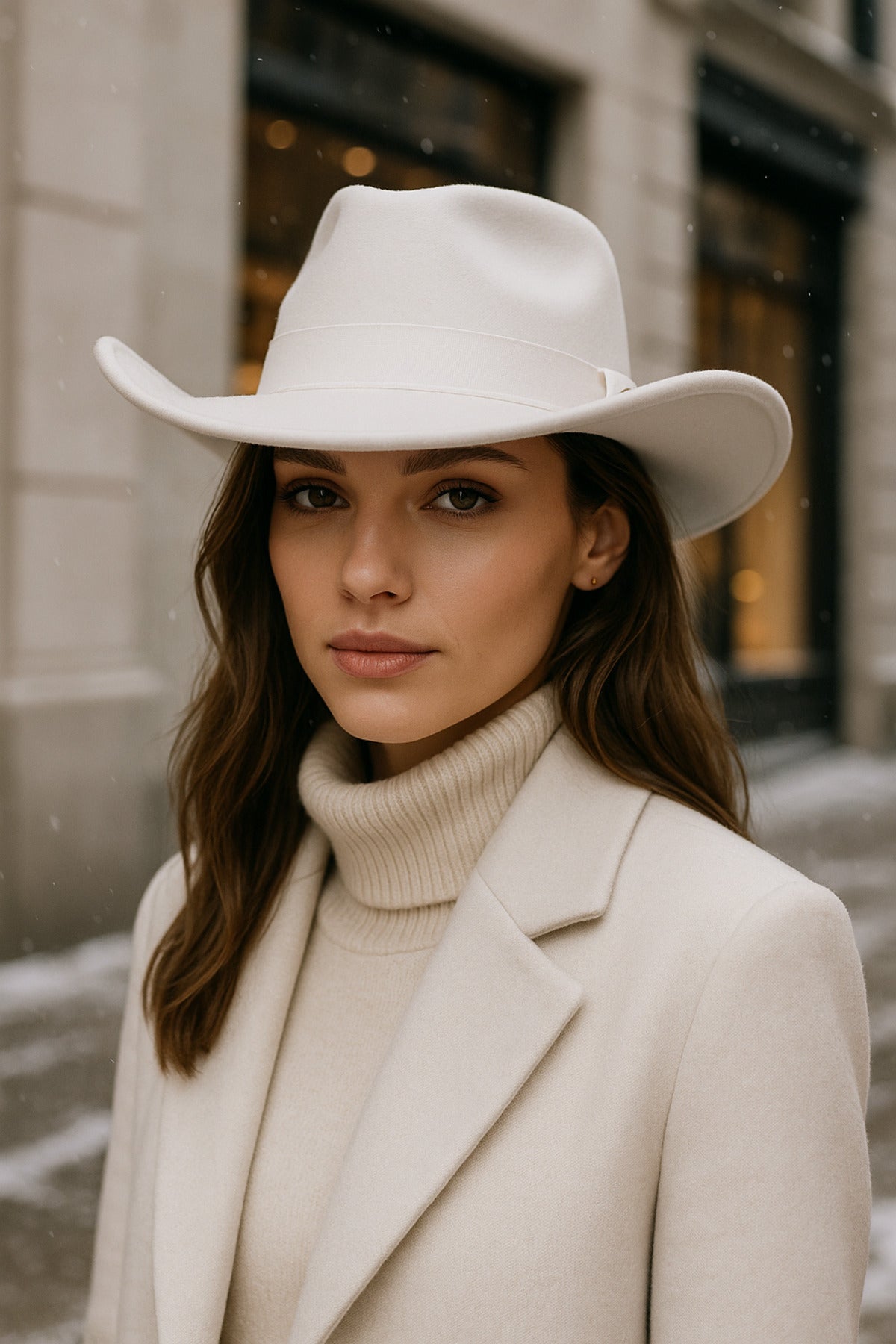 Kadın Beyaz Kenarı Kıvrık Kovboy Kaşe Panama Şapka SPK1149