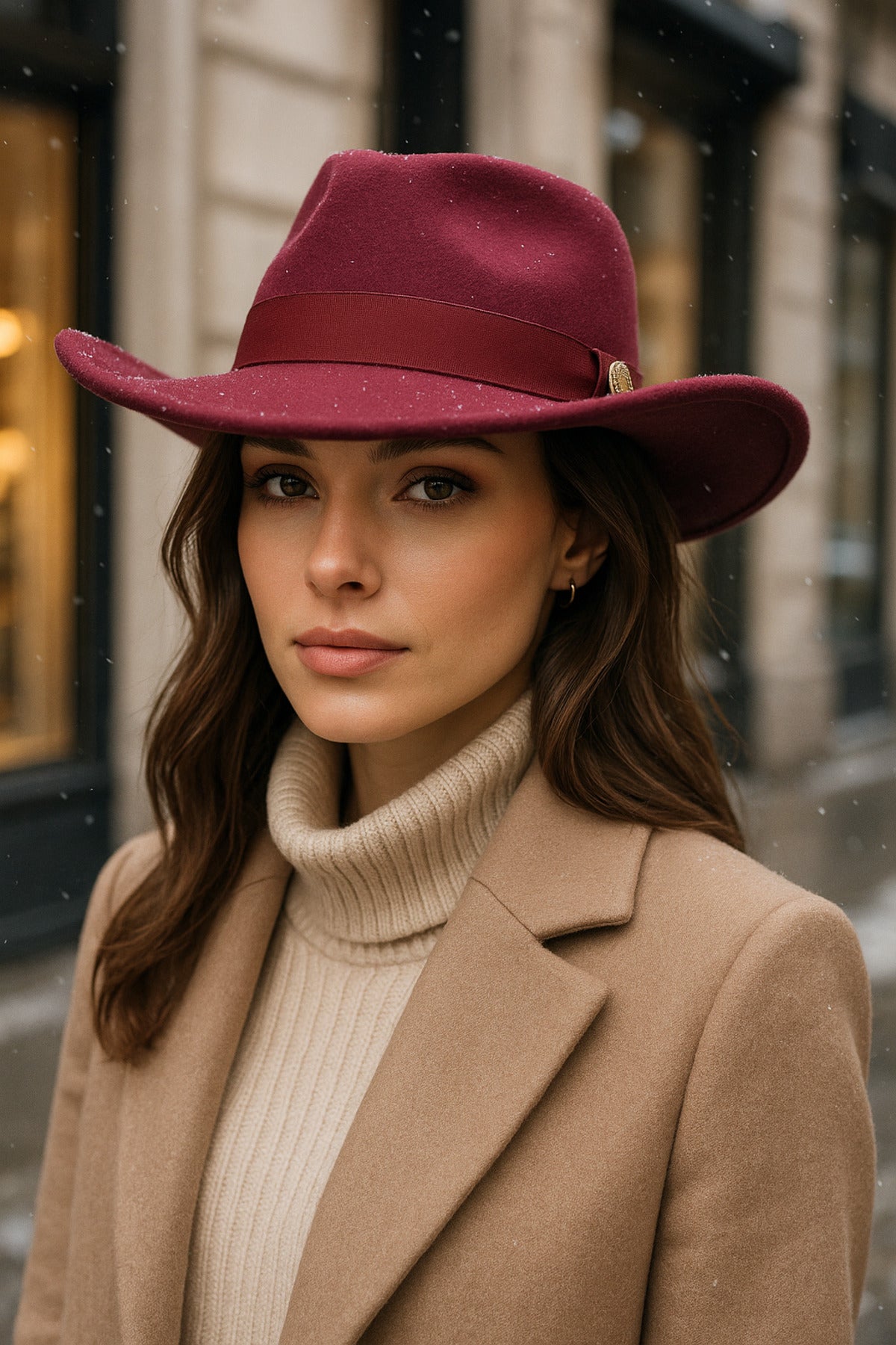 Kadın Bordo Kenarı Kıvrık Kovboy Kaşe Panama Şapka SPK1149