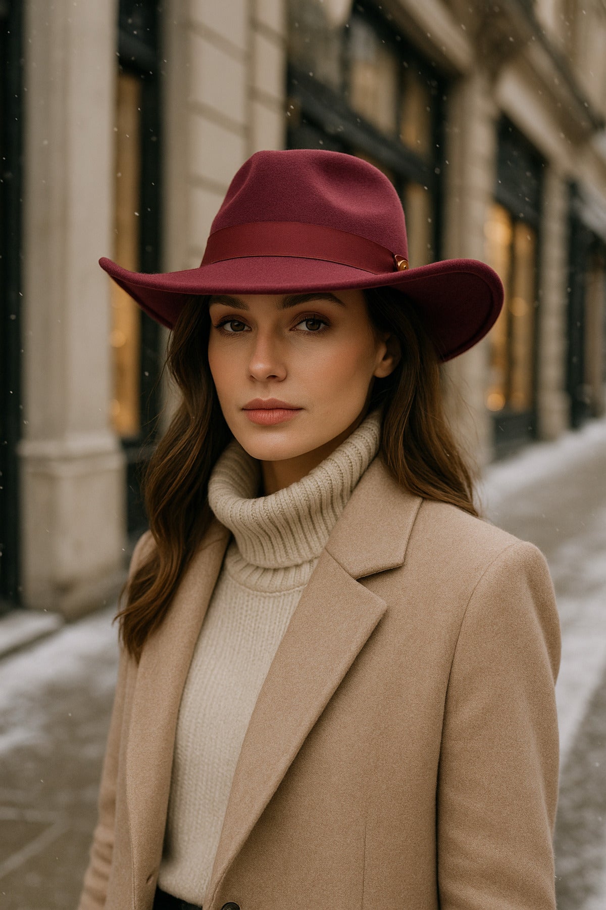 Kadın Bordo Kenarı Kıvrık Kovboy Kaşe Panama Şapka SPK1149