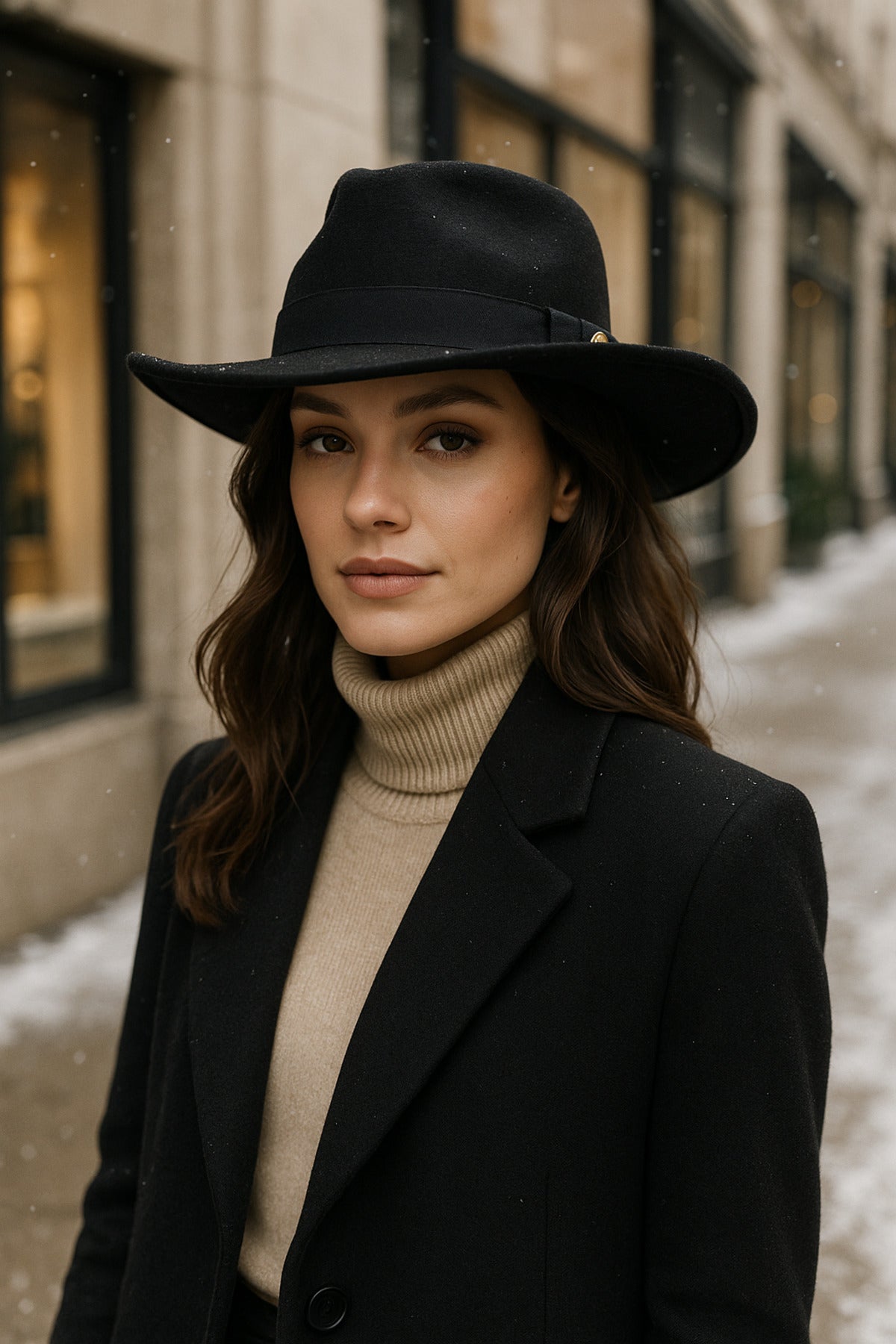 Kadın Siyah Kenarı Kıvrık Kovboy Kaşe Panama Şapka SPK1149