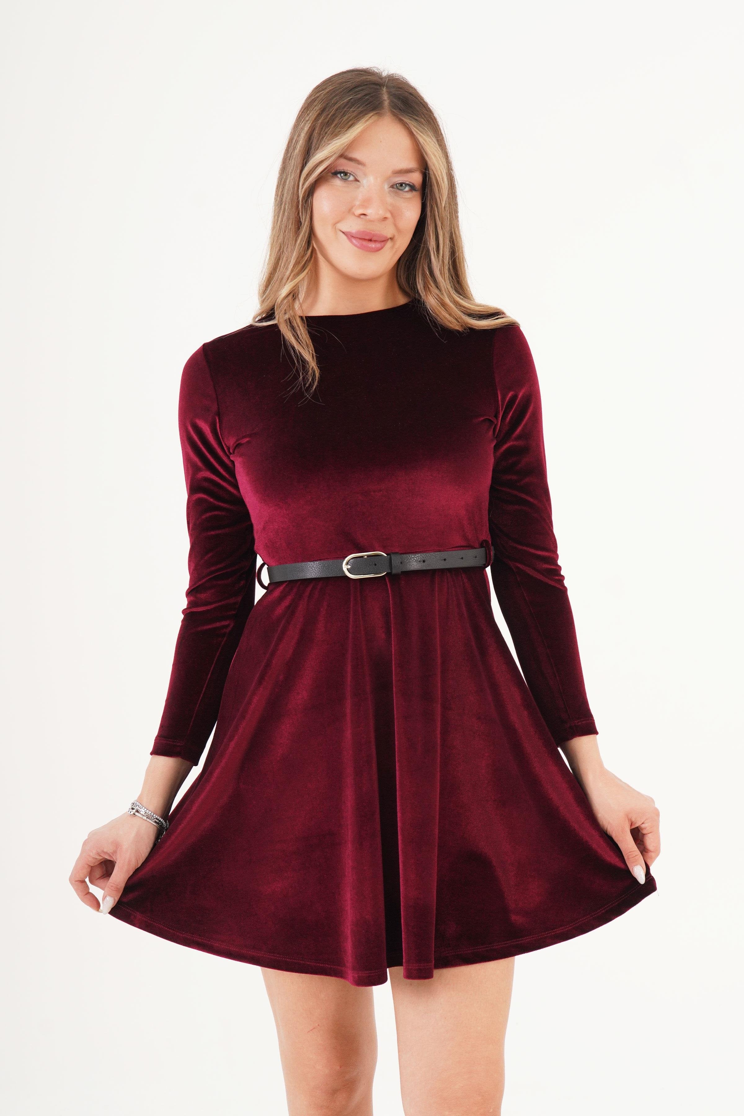 Kemerli Kloşlu Kadife Bordo Toptan Elbise Bordo S