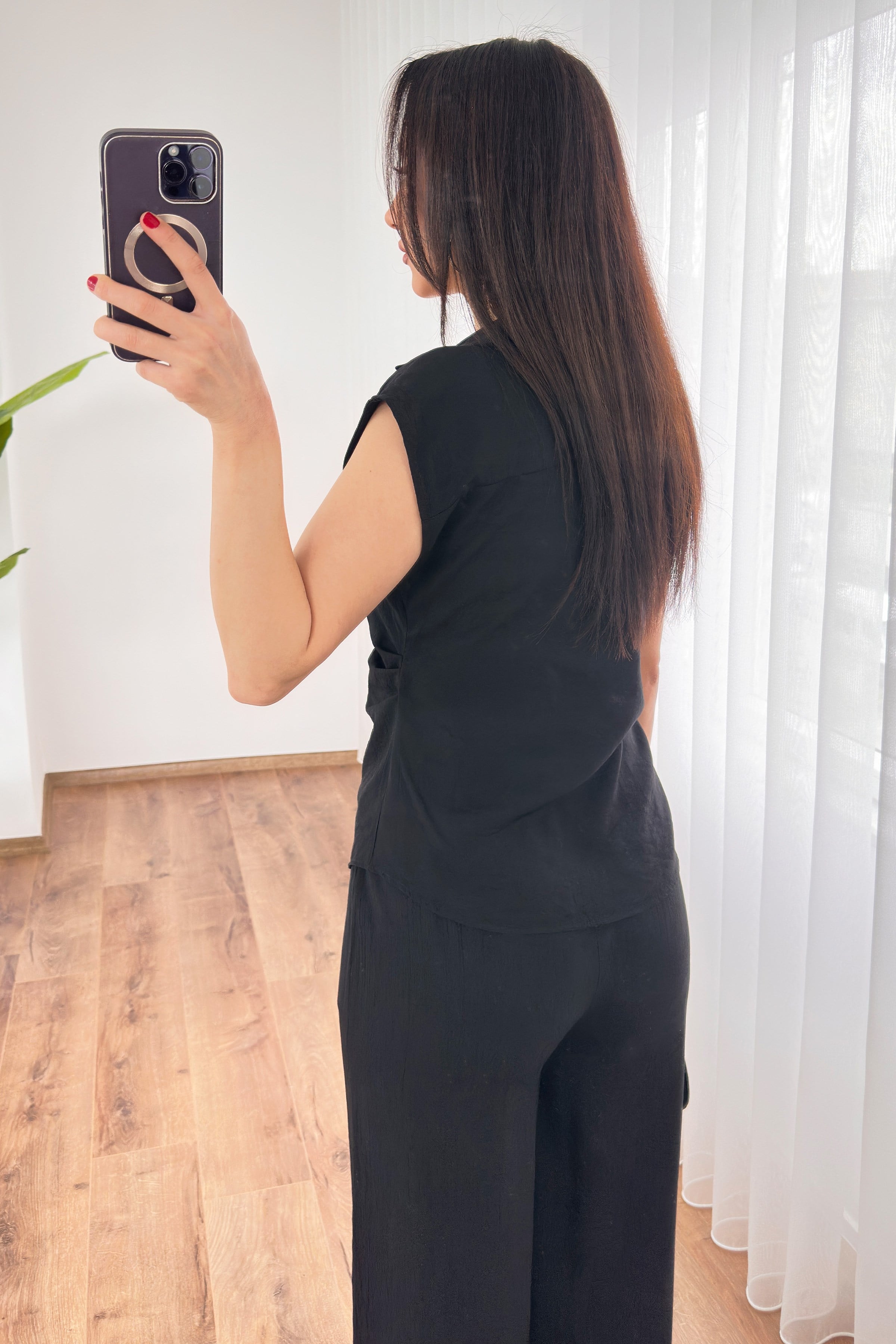 Beli Kuşak Bağlamalı Bluz Pantolon Toptan Siyah Takım