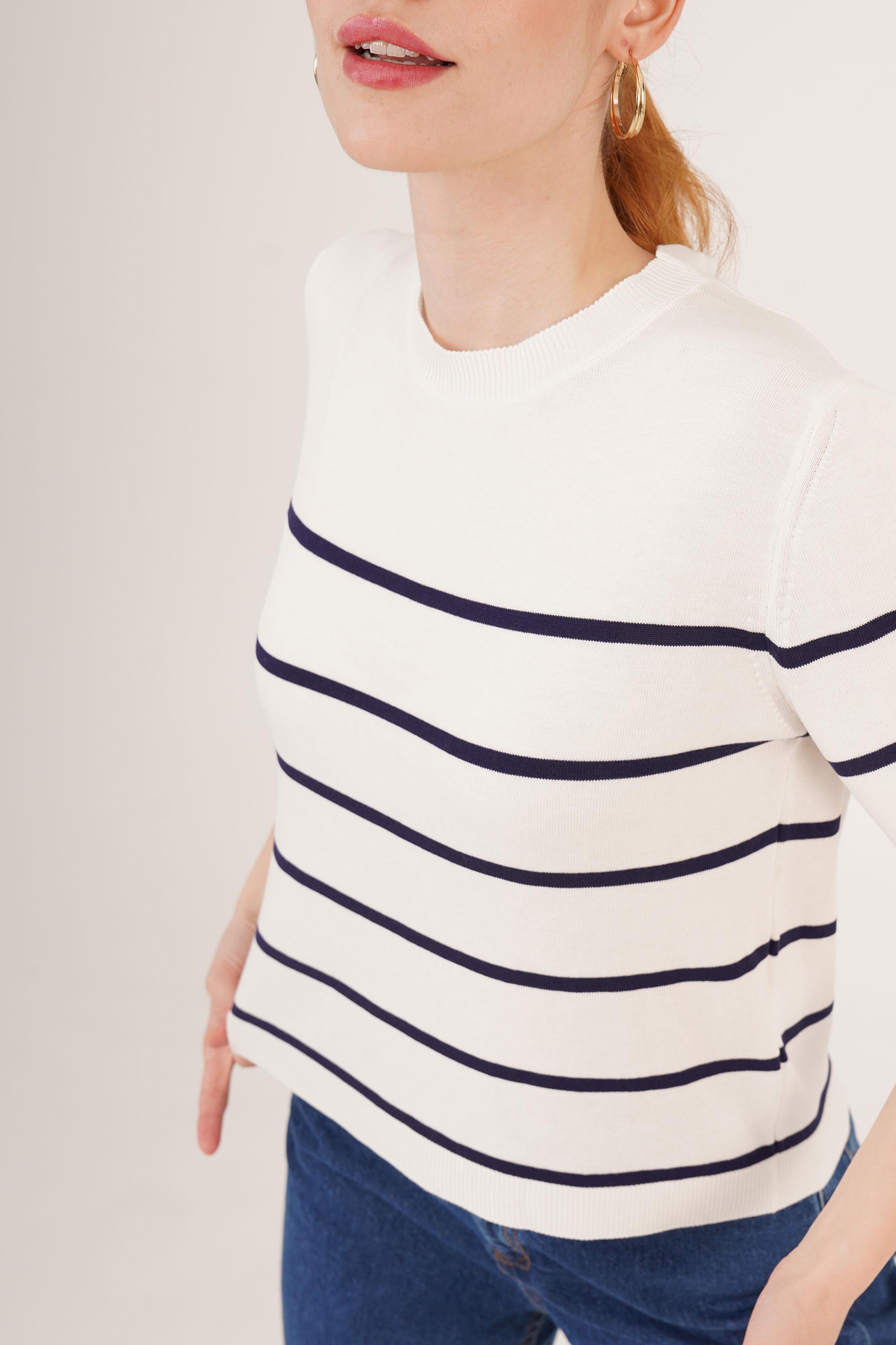 Çizgili Kısa Kol Beyaz Lacivert Toptan Bluz