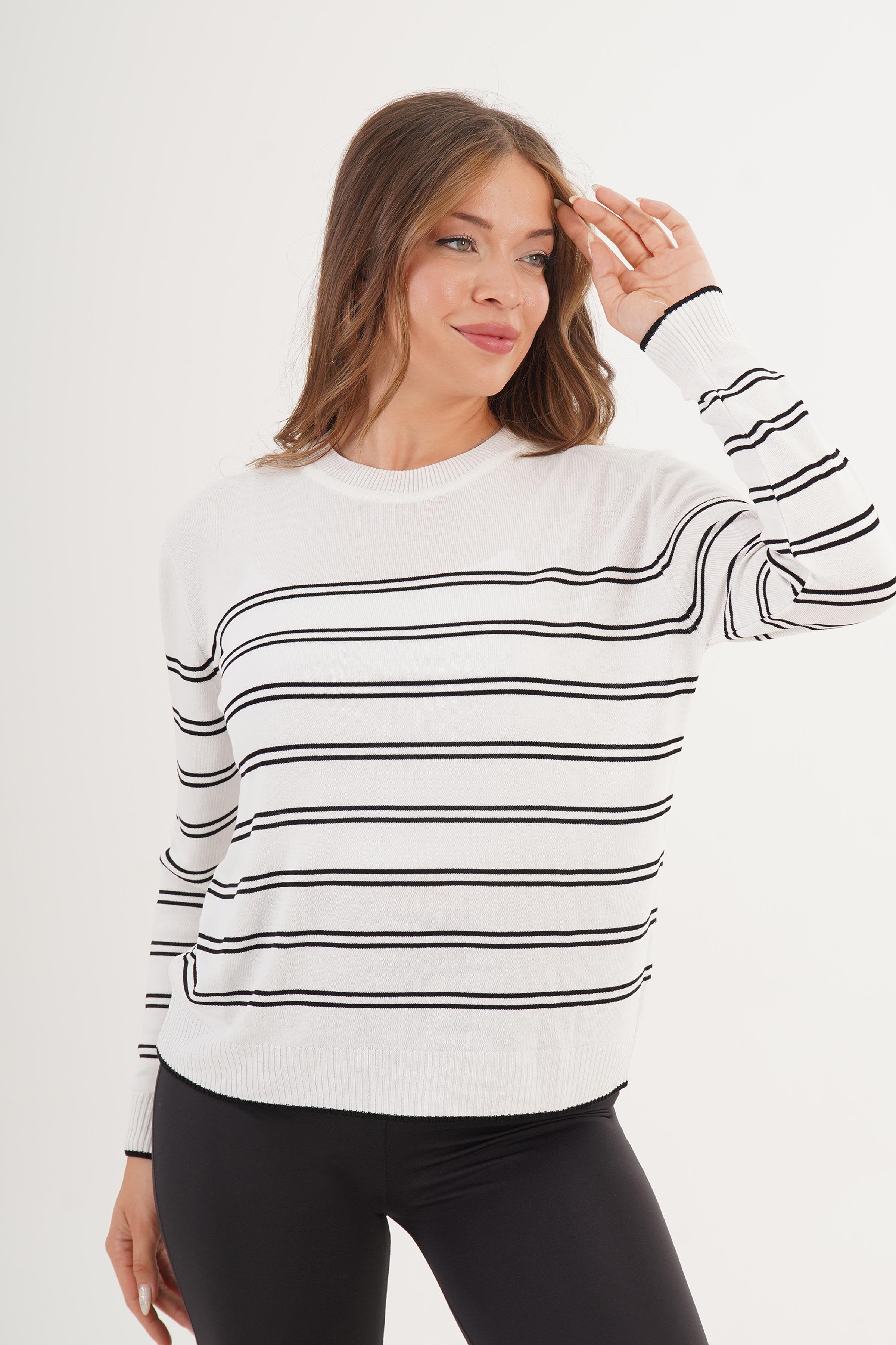 Çizgili Bisiklet Yaka Toptan Beyaz Triko Kazak Beyaz STD