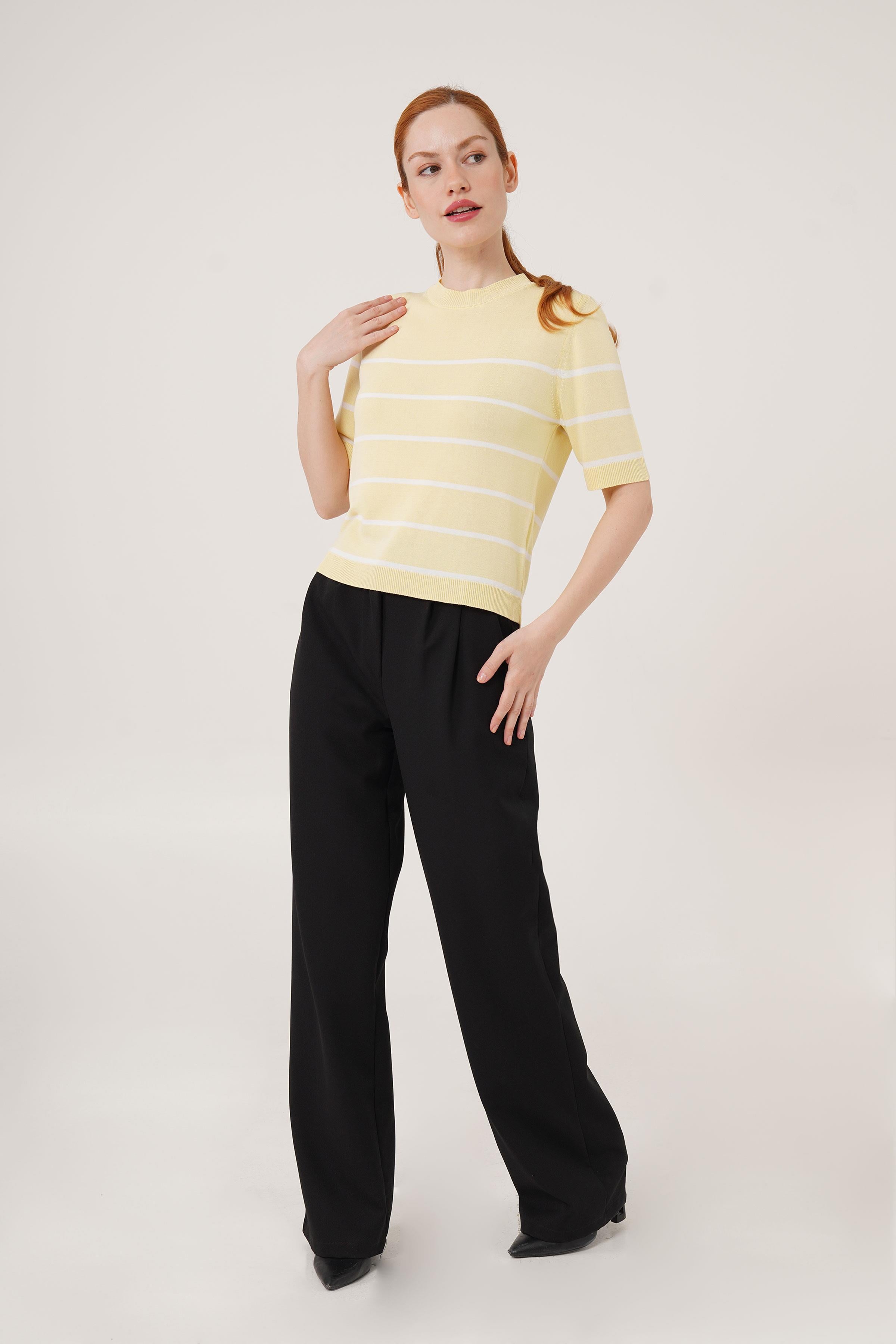 Çizgili Kısa Kol Sarı Toptan Bluz