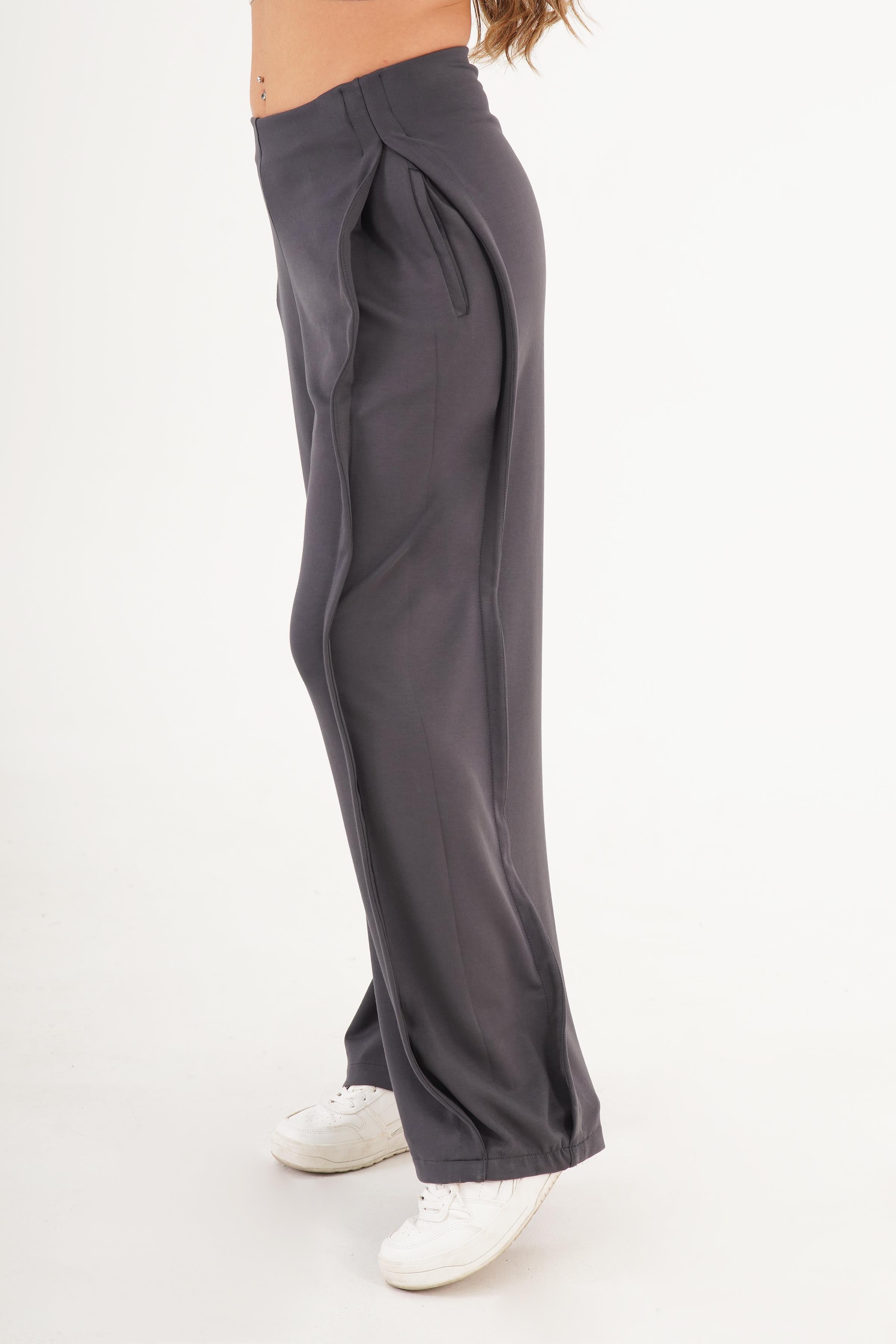 Yan Boydan Pileli Yüksek Bel Antrasit Spor Pantolon