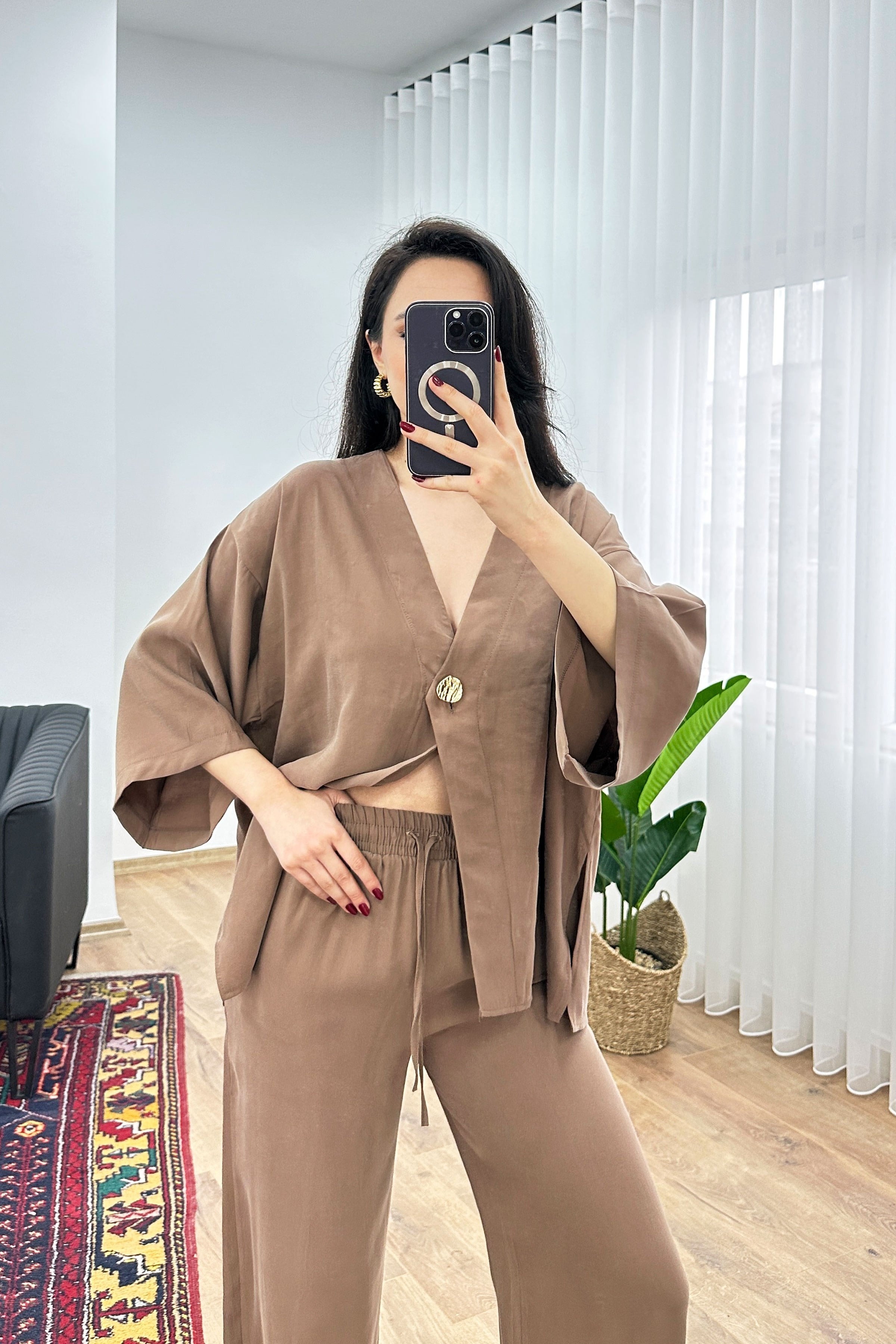 Modal Beli İp Bağlamalı Kruvaz Kahve Toptan Bluz Pantolon Takım Kahverengi S