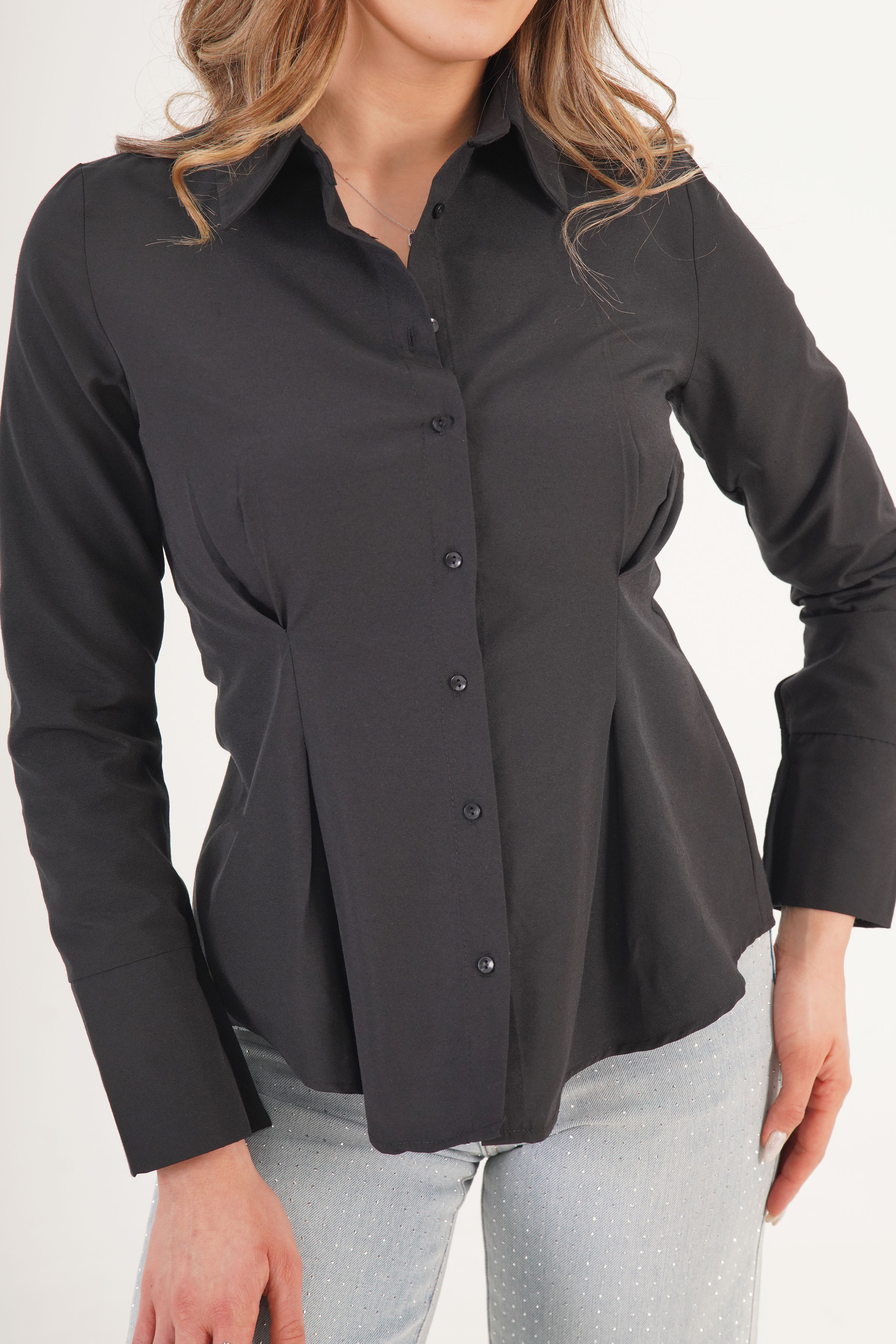 Belden Oturtmalı Toptan Siyah Gömlek