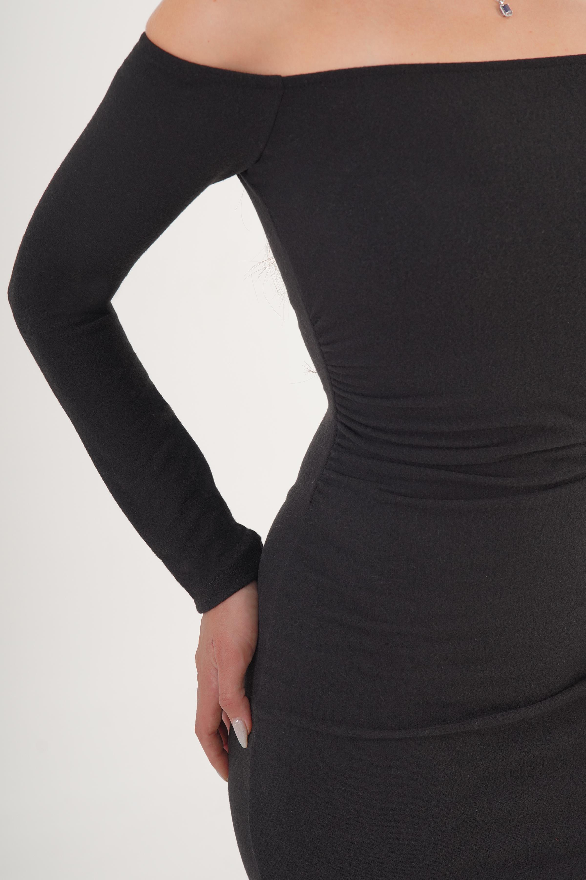 Beli Büzgü Detaylı Siyah Toptan Elbise