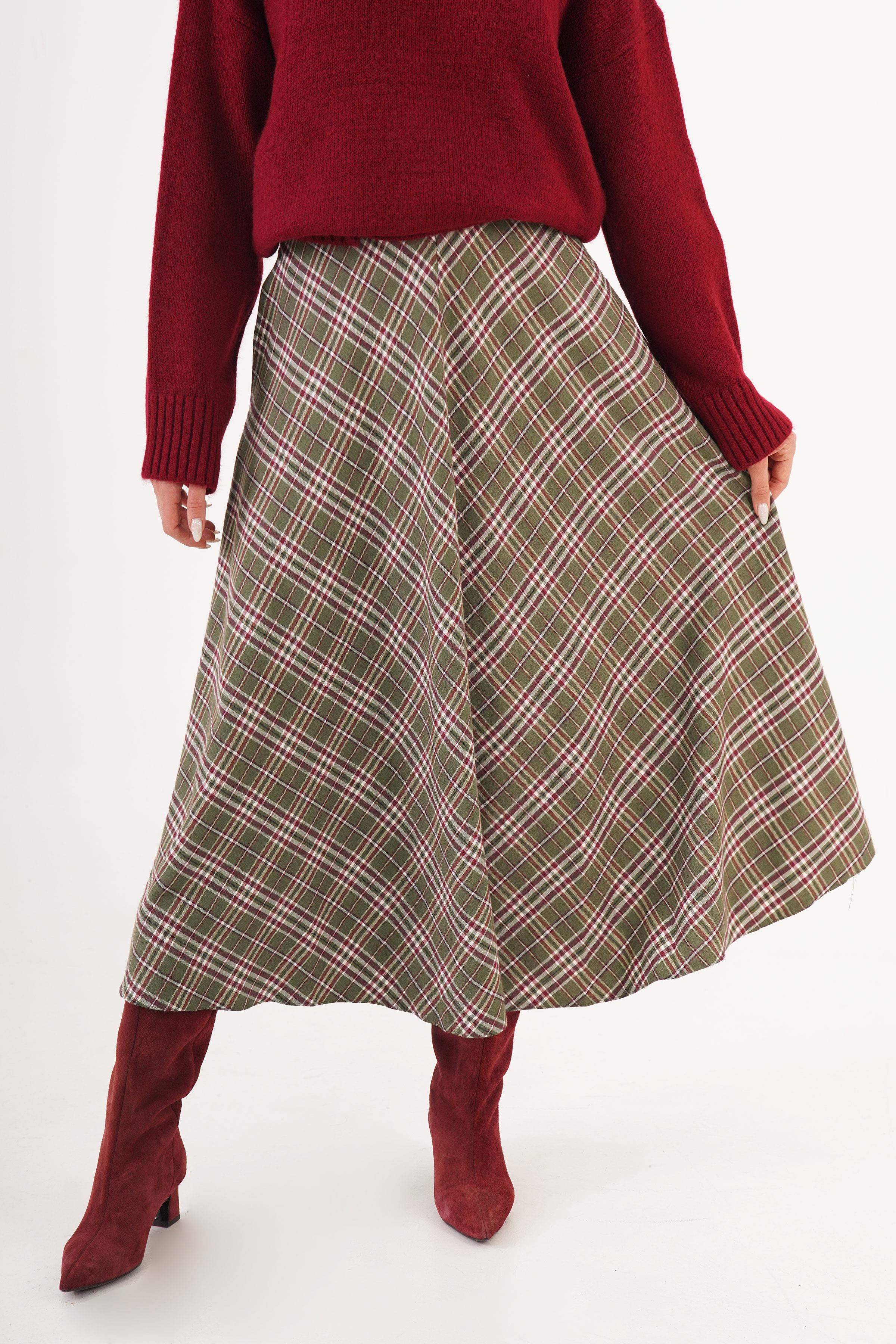 Volan Kesim Haki Ekose Uzun Toptan Etek Haki S