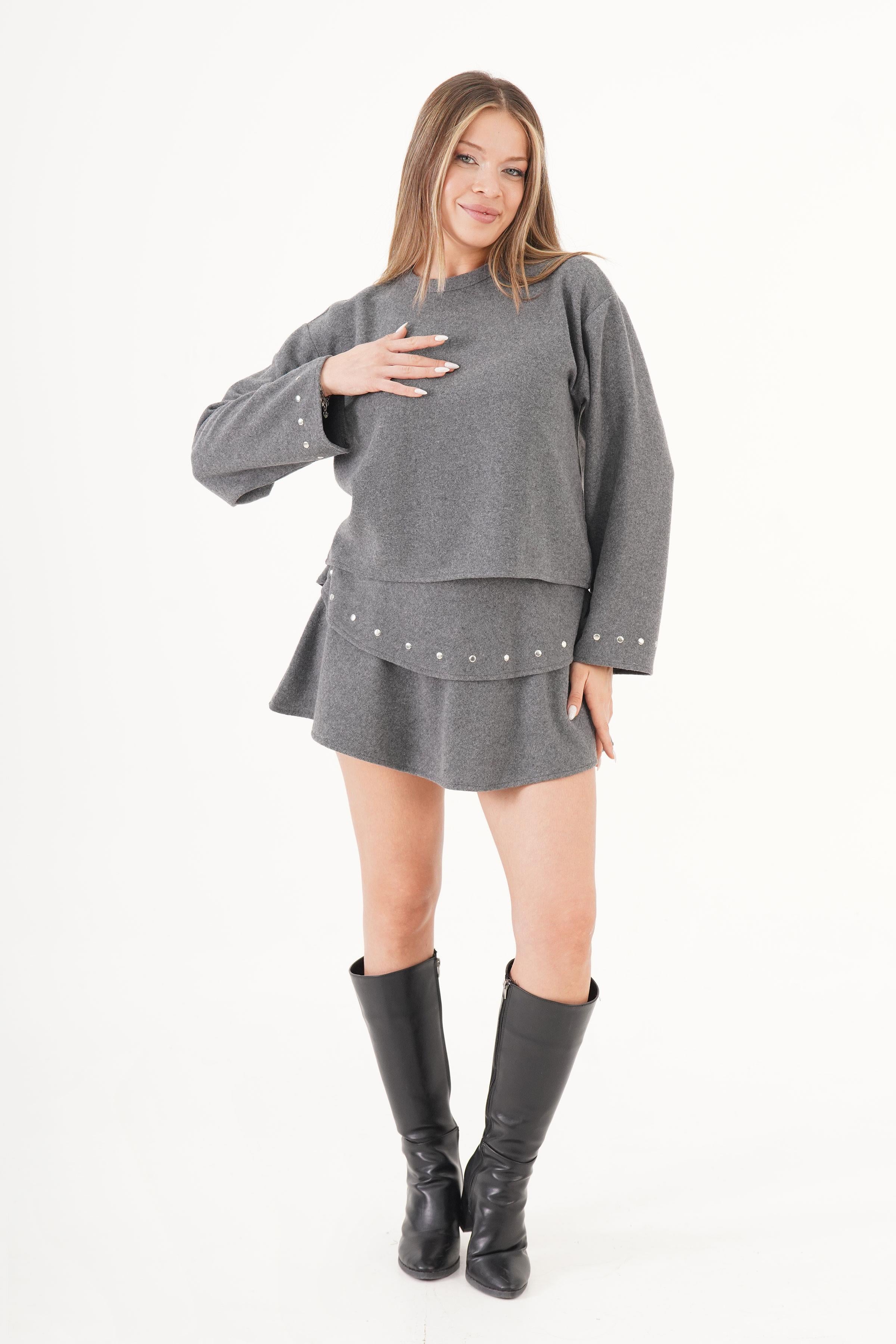 Selanik Kolu Taşlı Toptan Antrasit Bluz