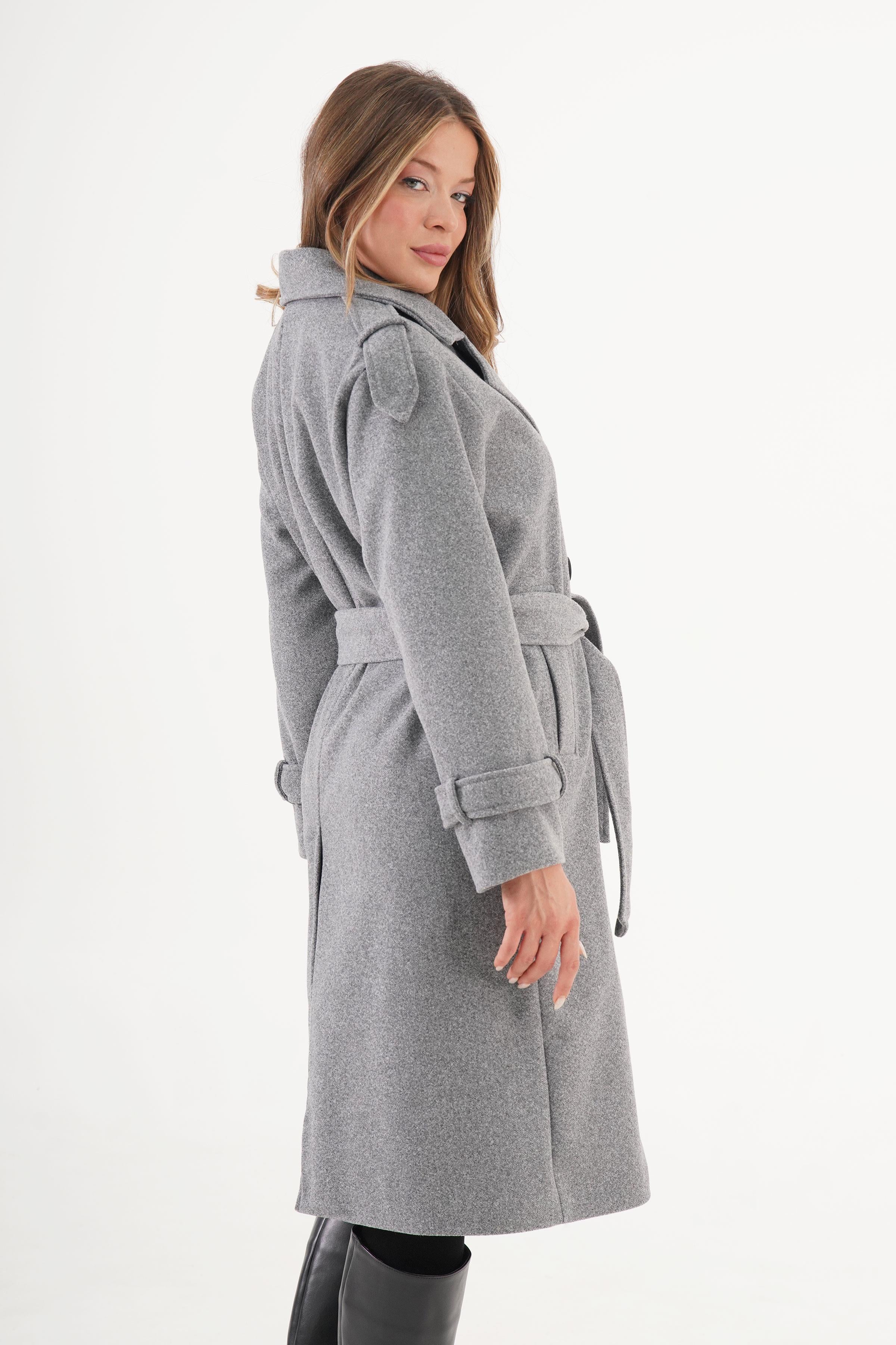 Apolet Detaylı Kuşaklı Toptan Antrasit Kaşe Kaban