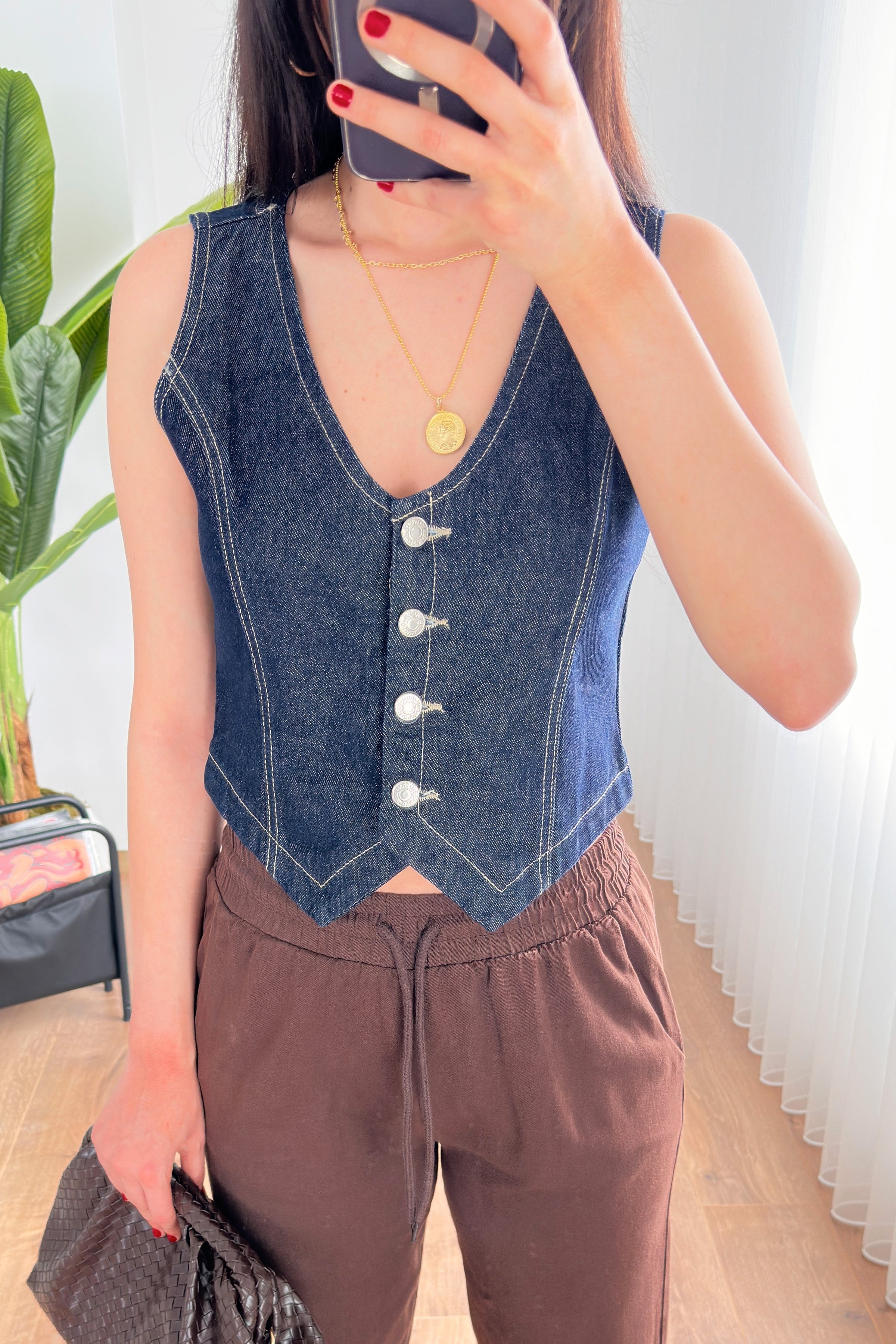 V Yaka Koyu Mavii Denim Toptan Yelek