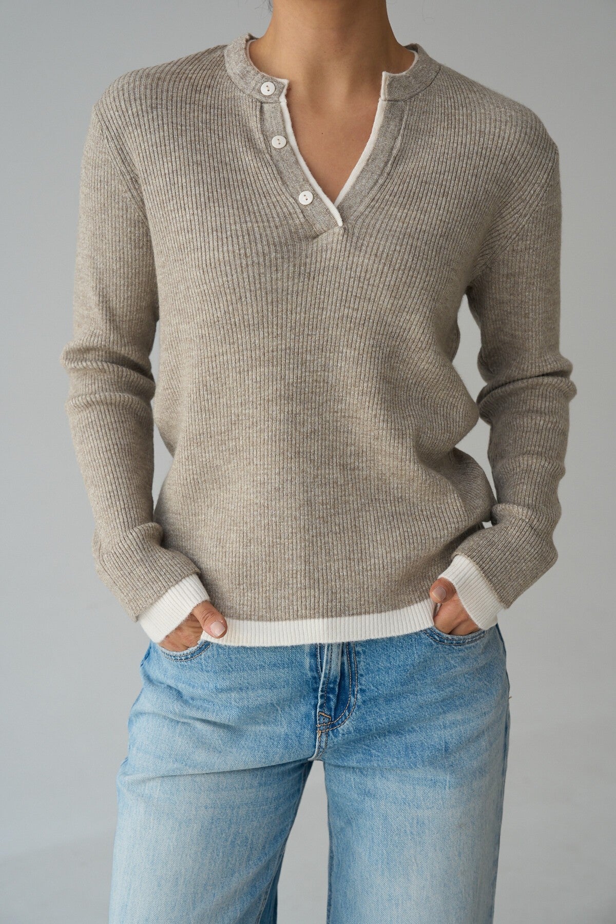 Open Mink-Ecru Striped Two-Tone Sweater