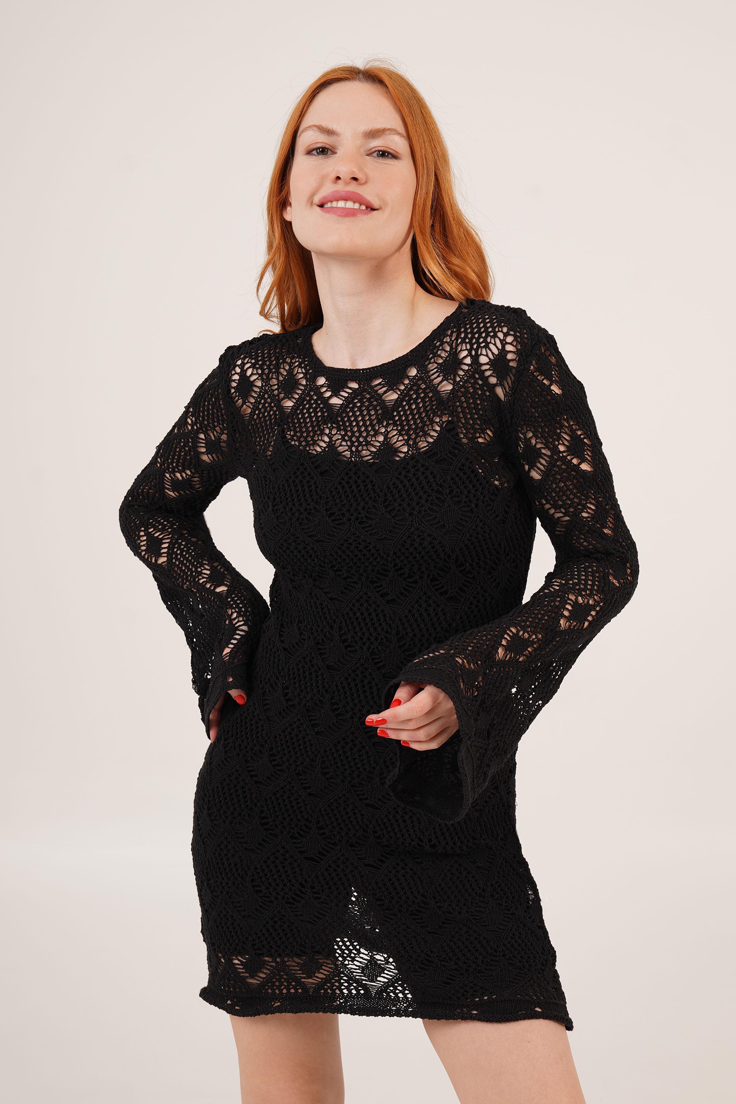 Ajurlu Kayık Yaka Toptan Siyah Elbise