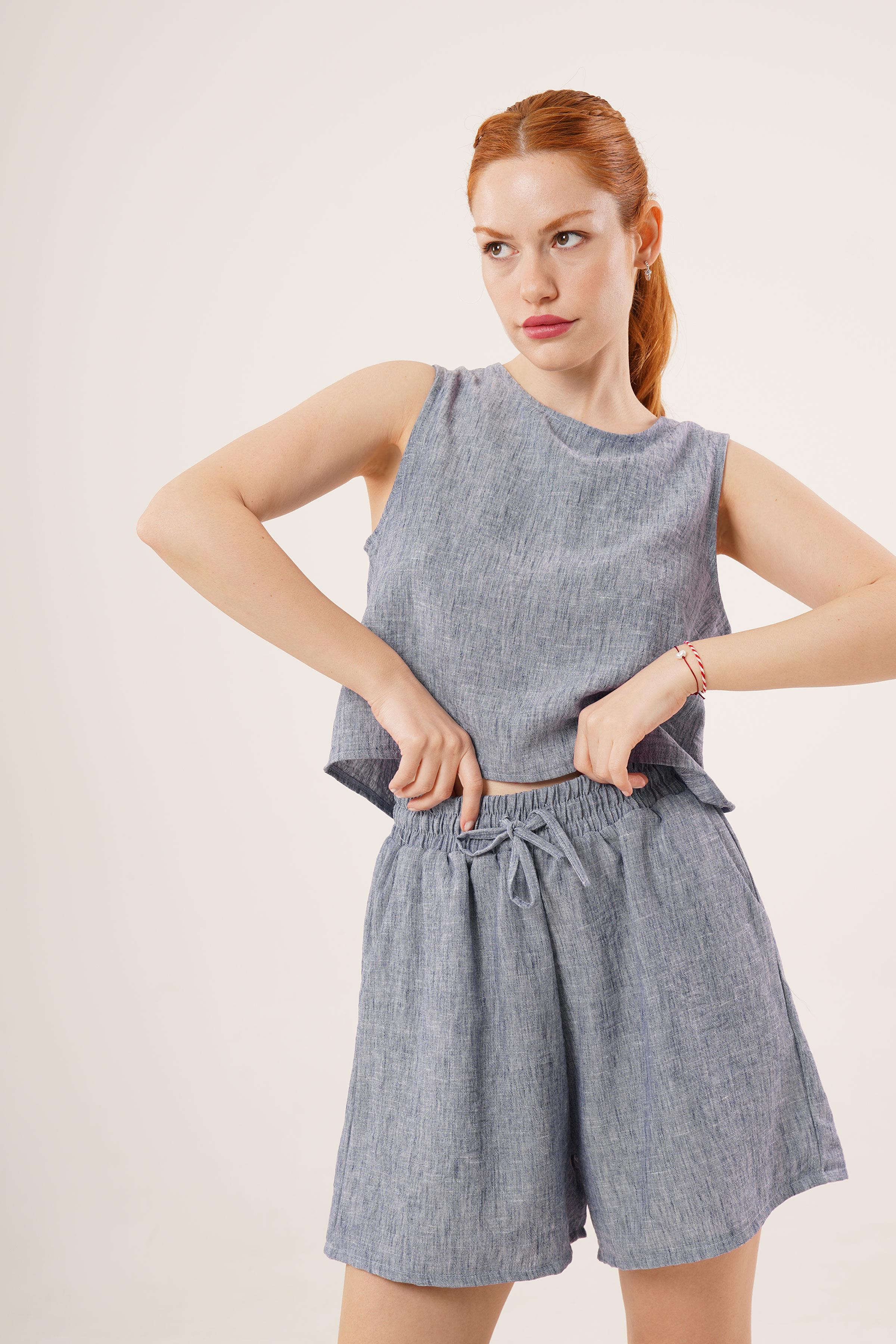 Arkası Düğme Detaylı Bluz Ve Cepli Şort İkili Toptan İndigo Takım Gri S