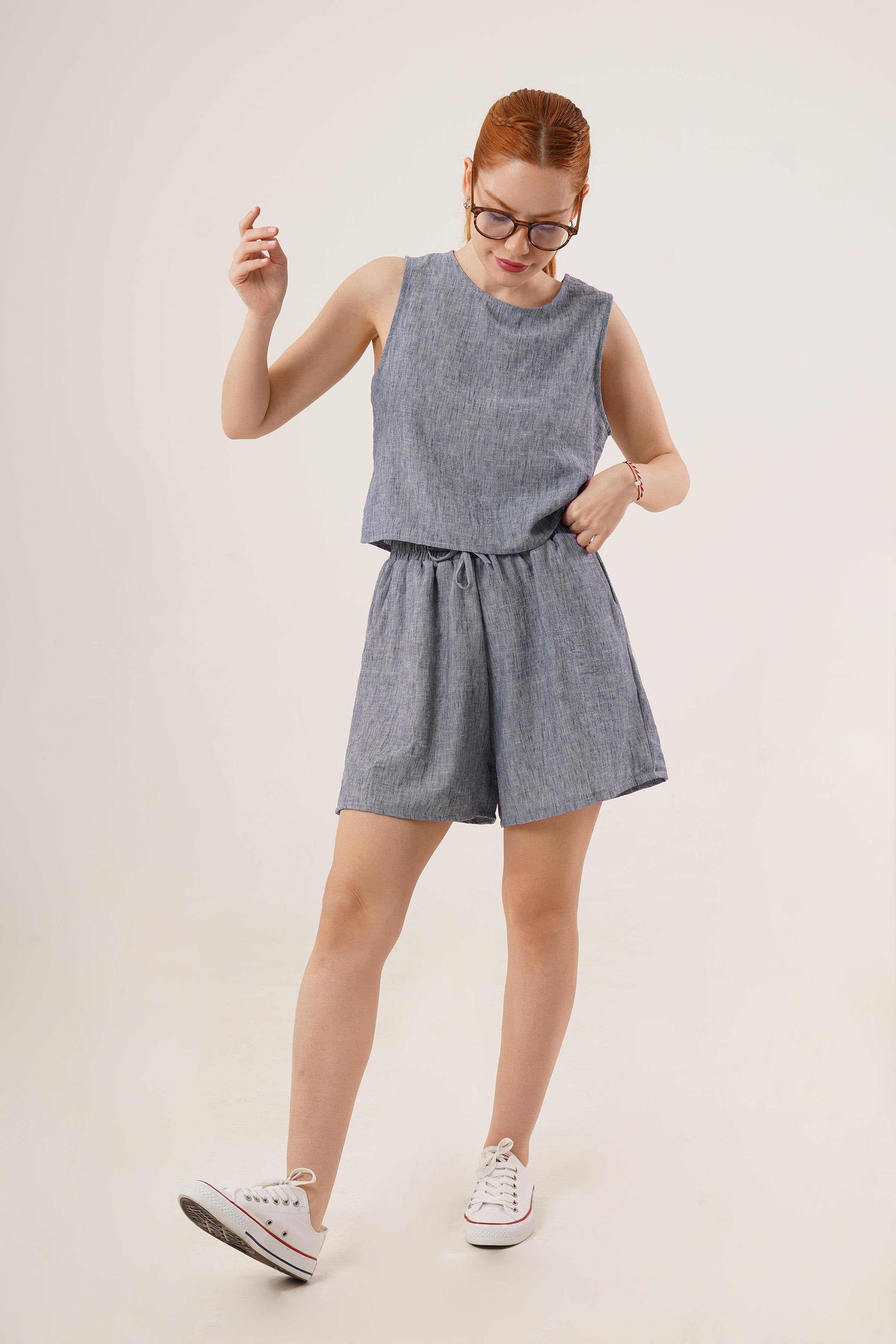 Arkası Düğme Detaylı Bluz Ve Cepli Şort İkili Toptan İndigo Takım