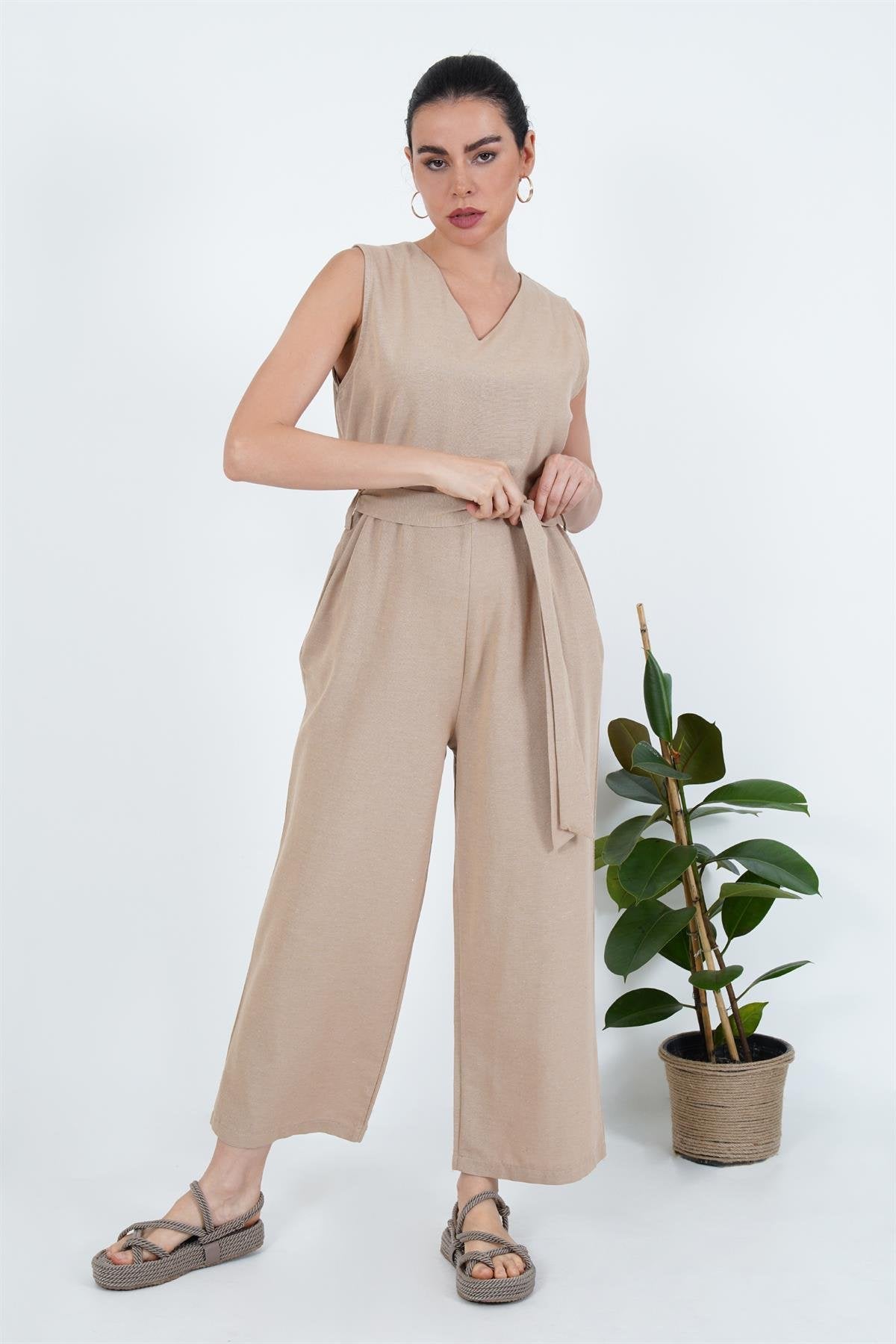 Arkası Fermuarlı Beli Kuşaklı Toptan Vizon Tulum Vizon S