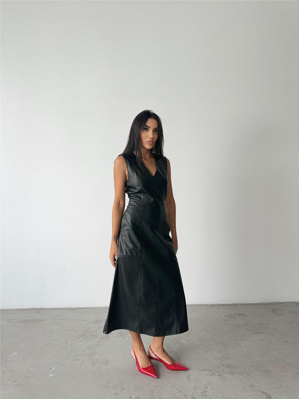 ASKILI DERİ ELBİSE ŞANEL BOY - Siyah