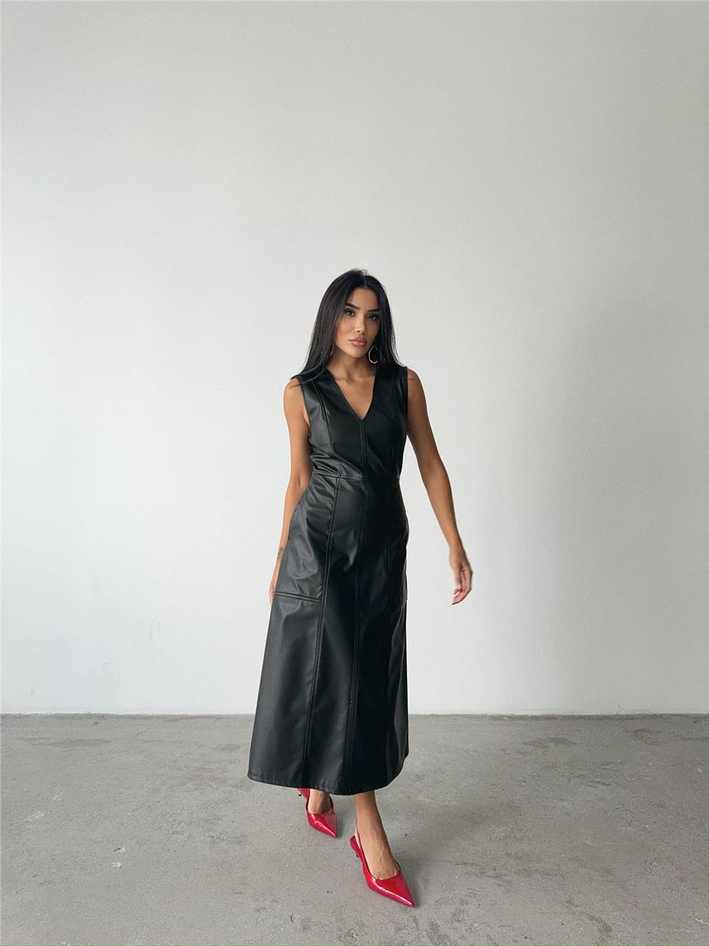 ASKILI DERİ ELBİSE ŞANEL BOY - Siyah