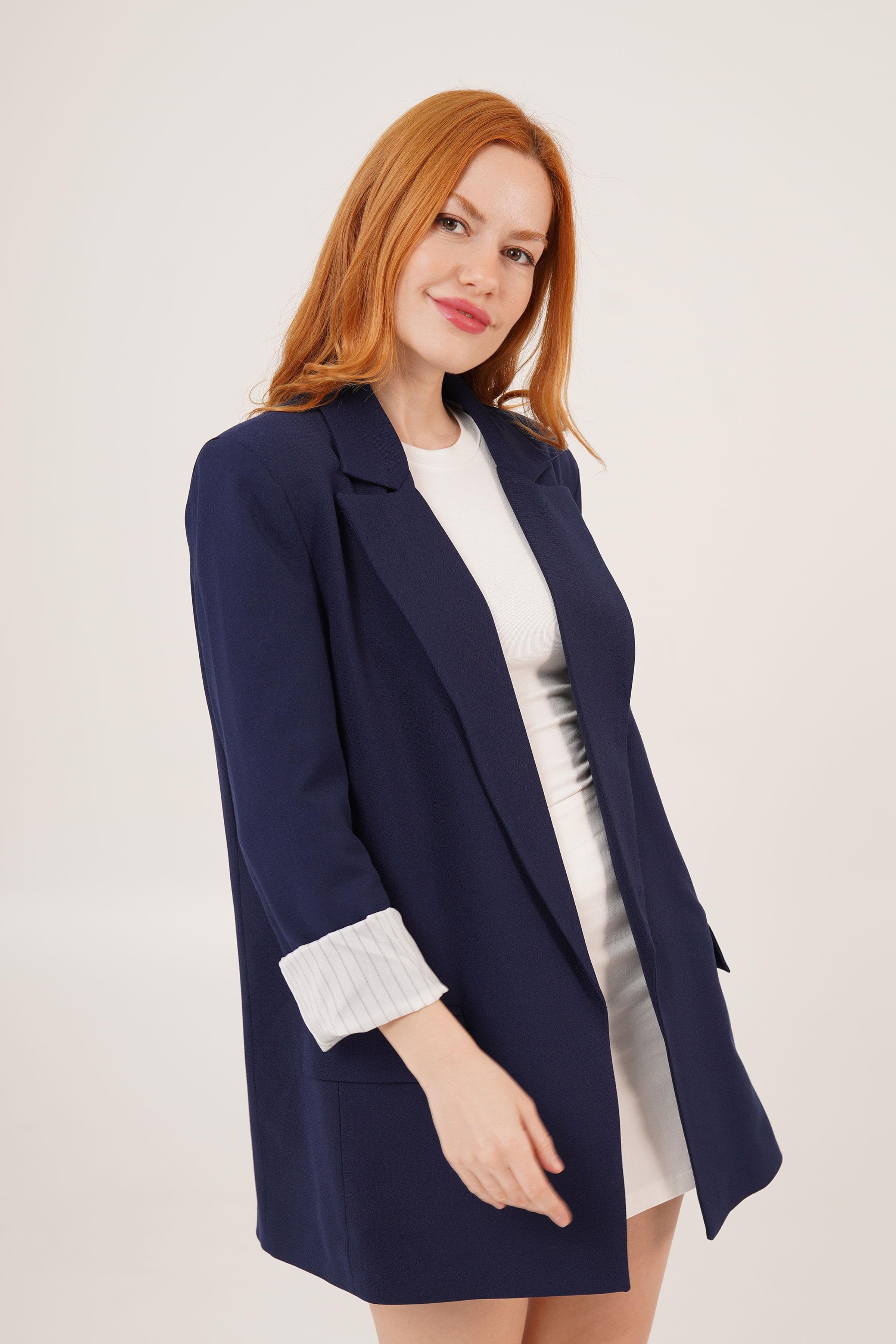 Astarı Çizgili Detay Toptan Lacivert Blazer Ceket