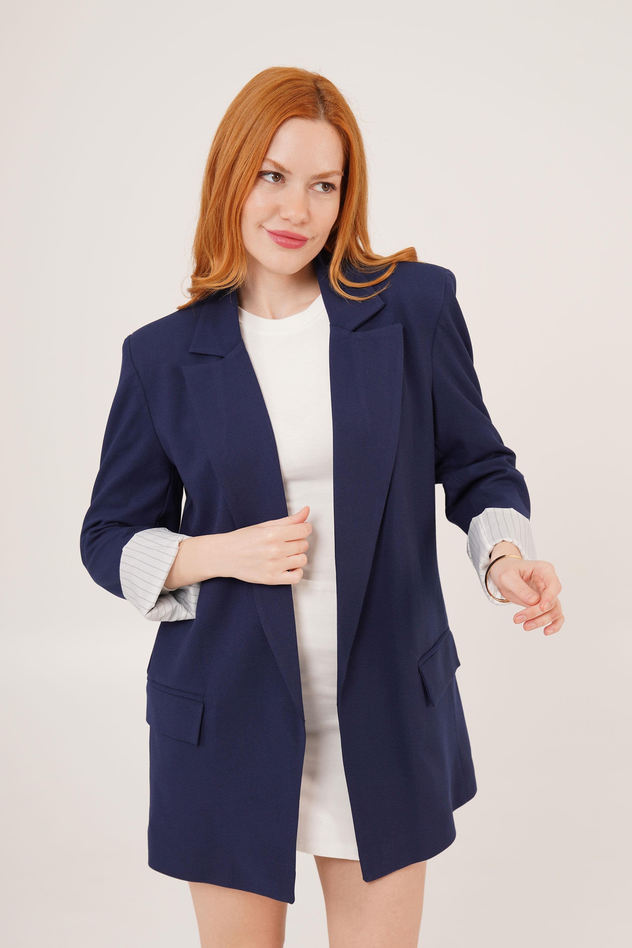Astarı Çizgili Detay Toptan Lacivert Blazer Ceket