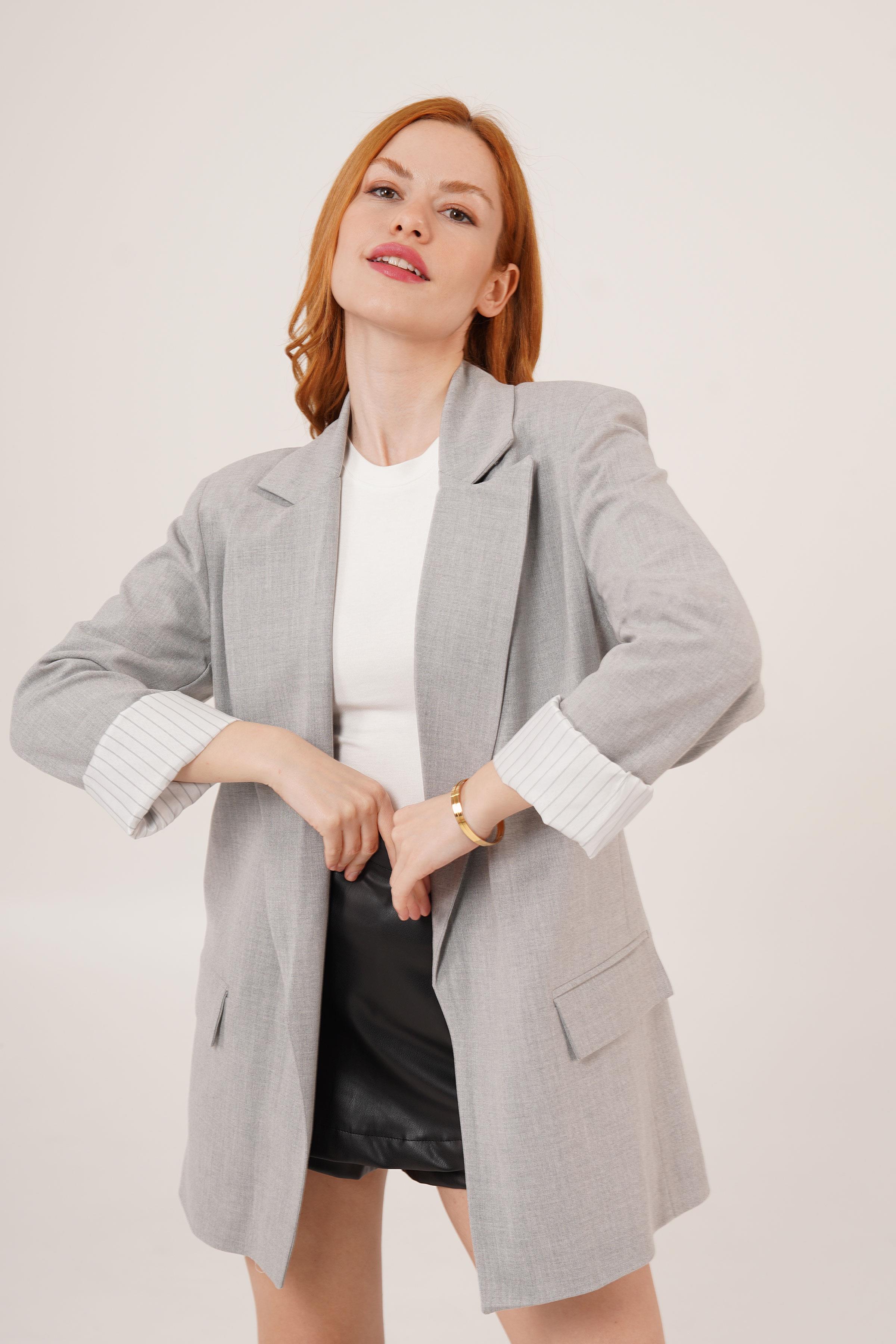 Astarı Çizgili Detay Toptan Gri Blazer Ceket Gri S