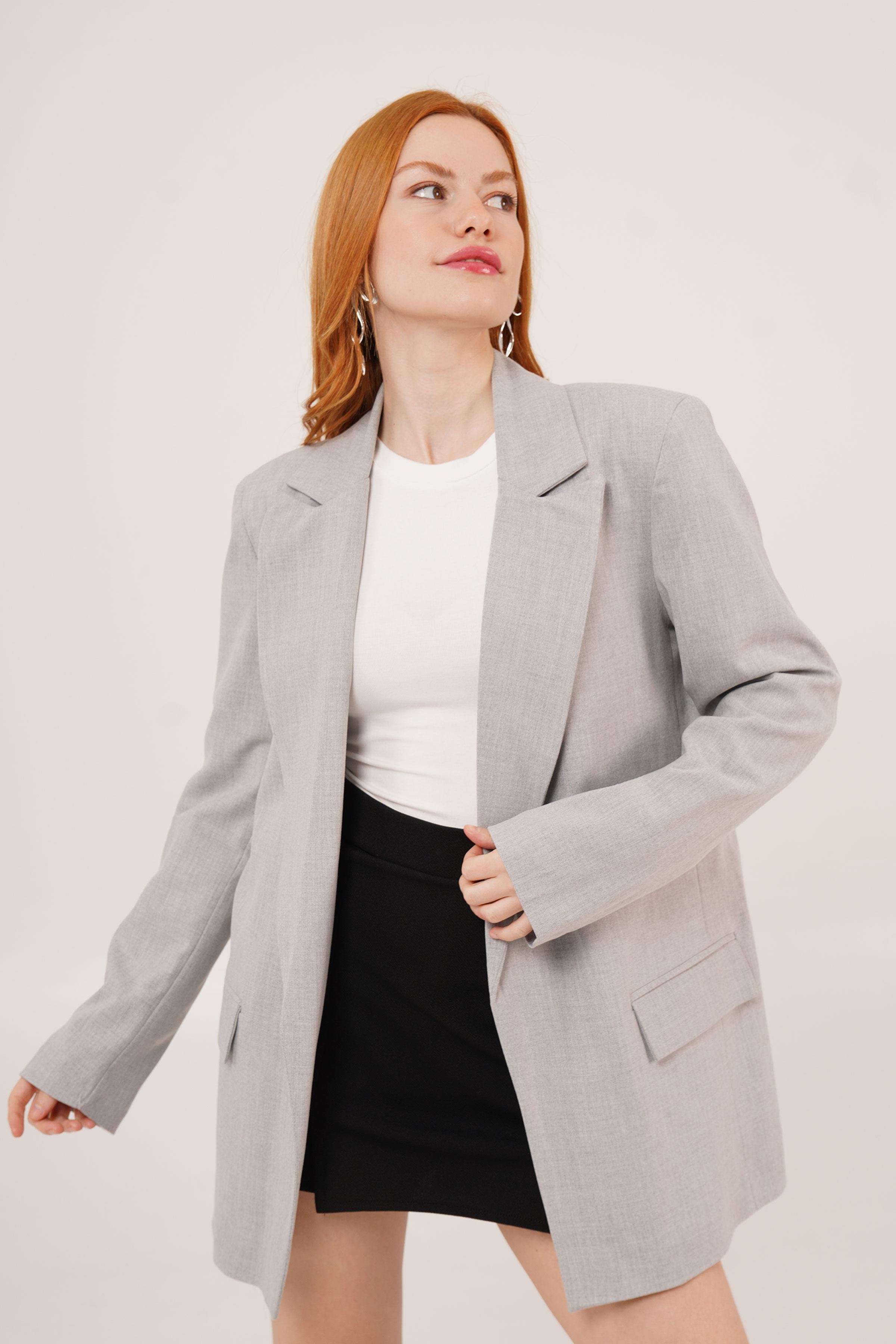 Astarı Çizgili Detay Toptan Gri Blazer Ceket