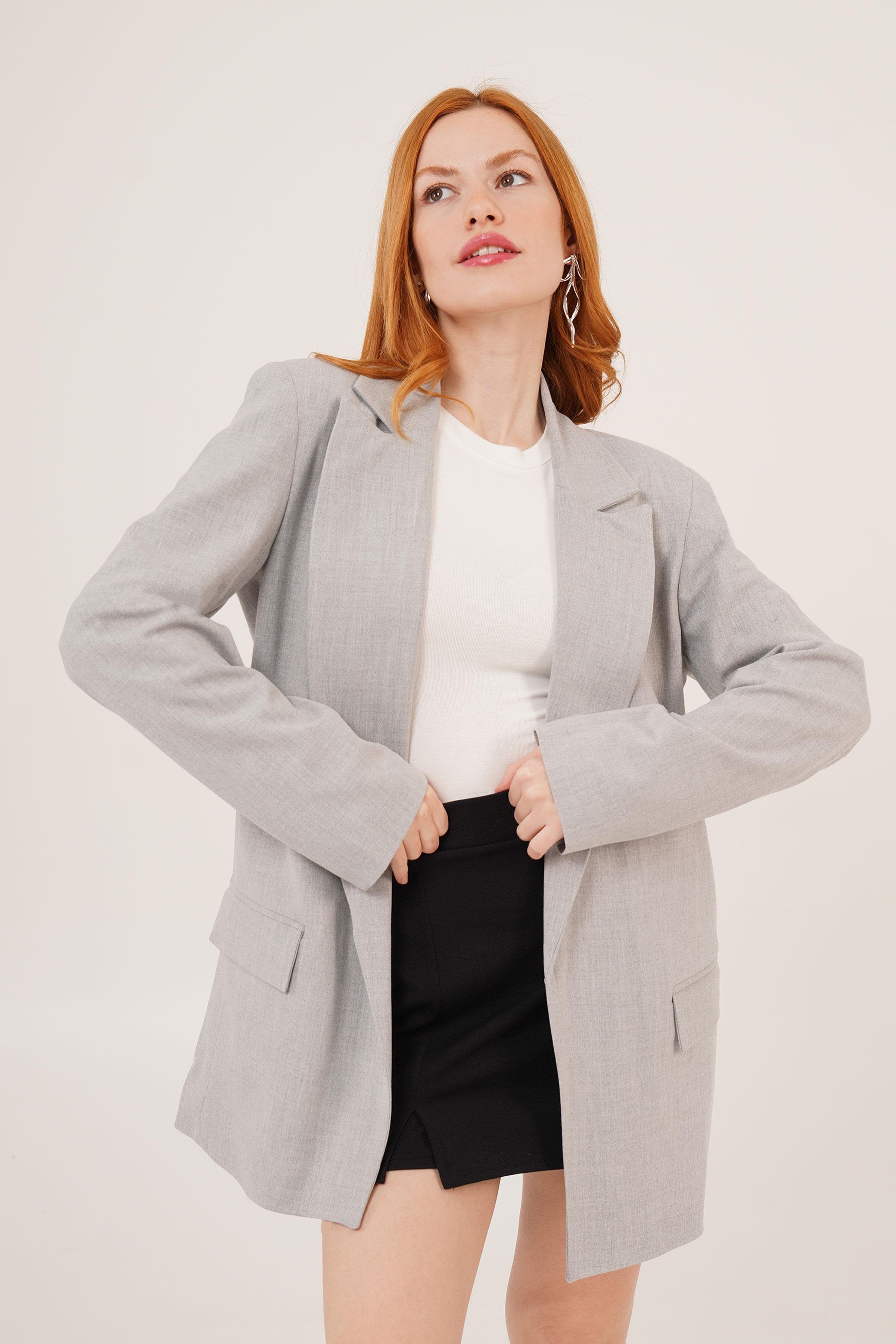 Astarı Çizgili Detay Toptan Gri Blazer Ceket