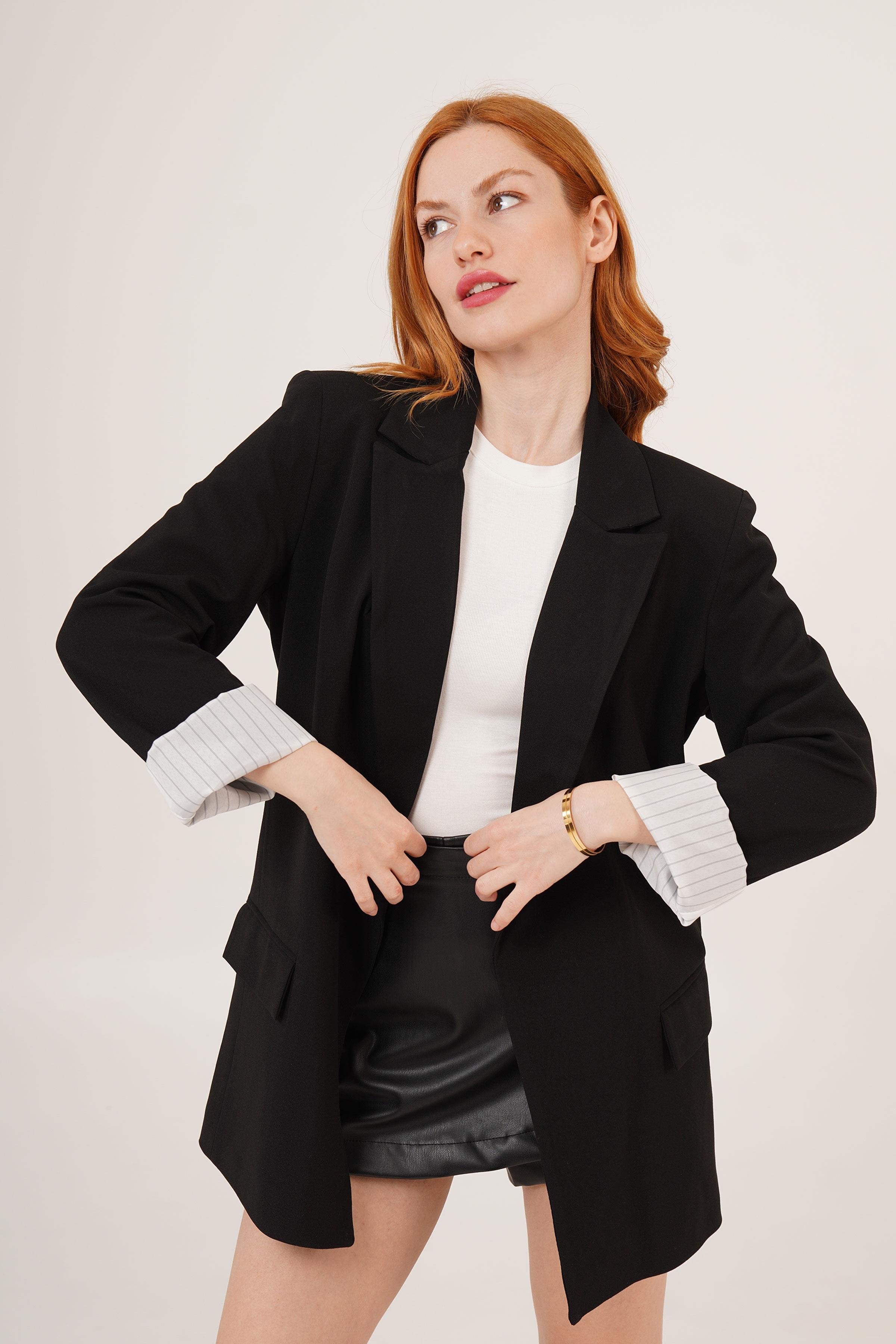 Astarı Çizgili Detay Toptan Siyah Blazer Ceket
