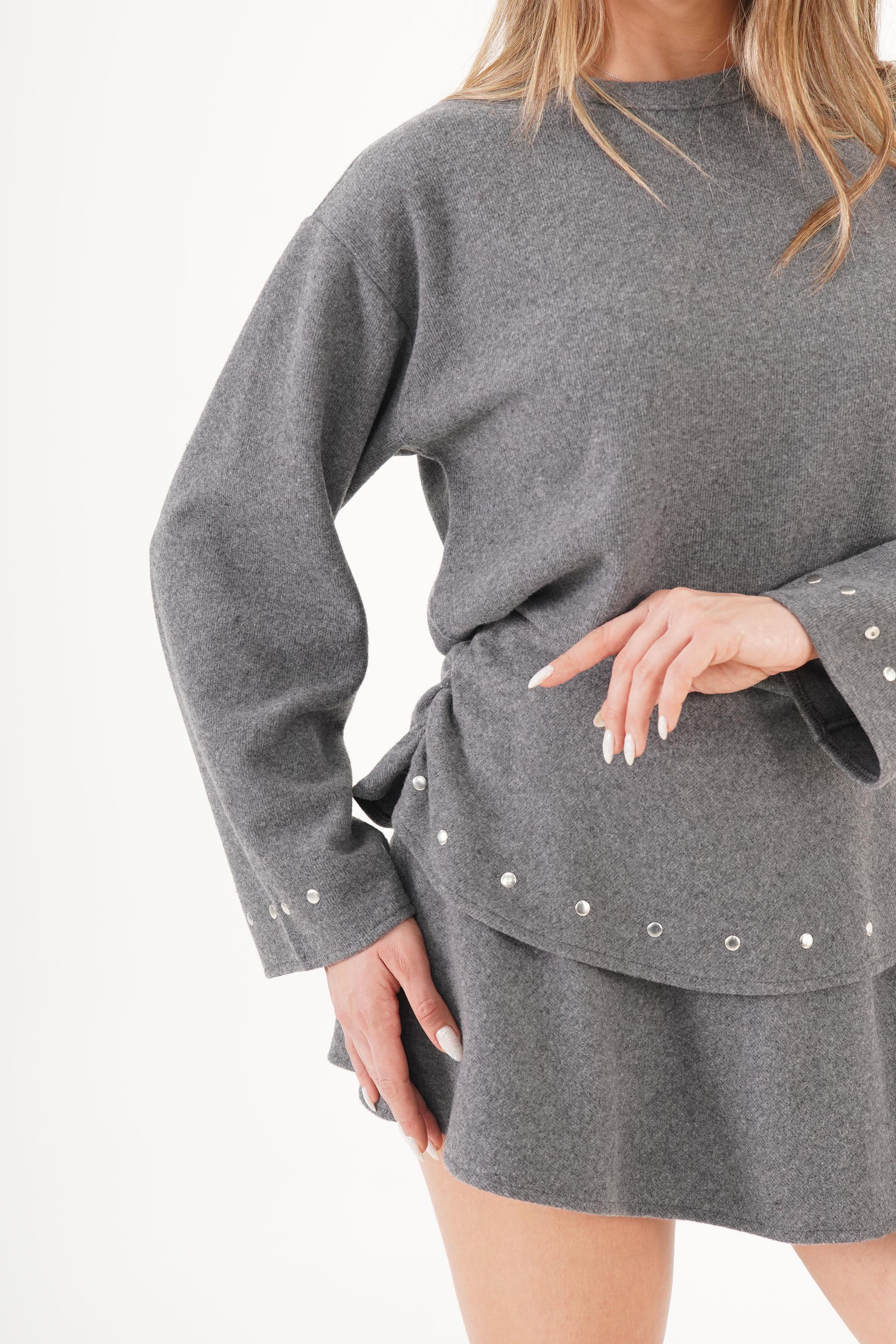 Selanik Kolu Taşlı Toptan Antrasit Bluz