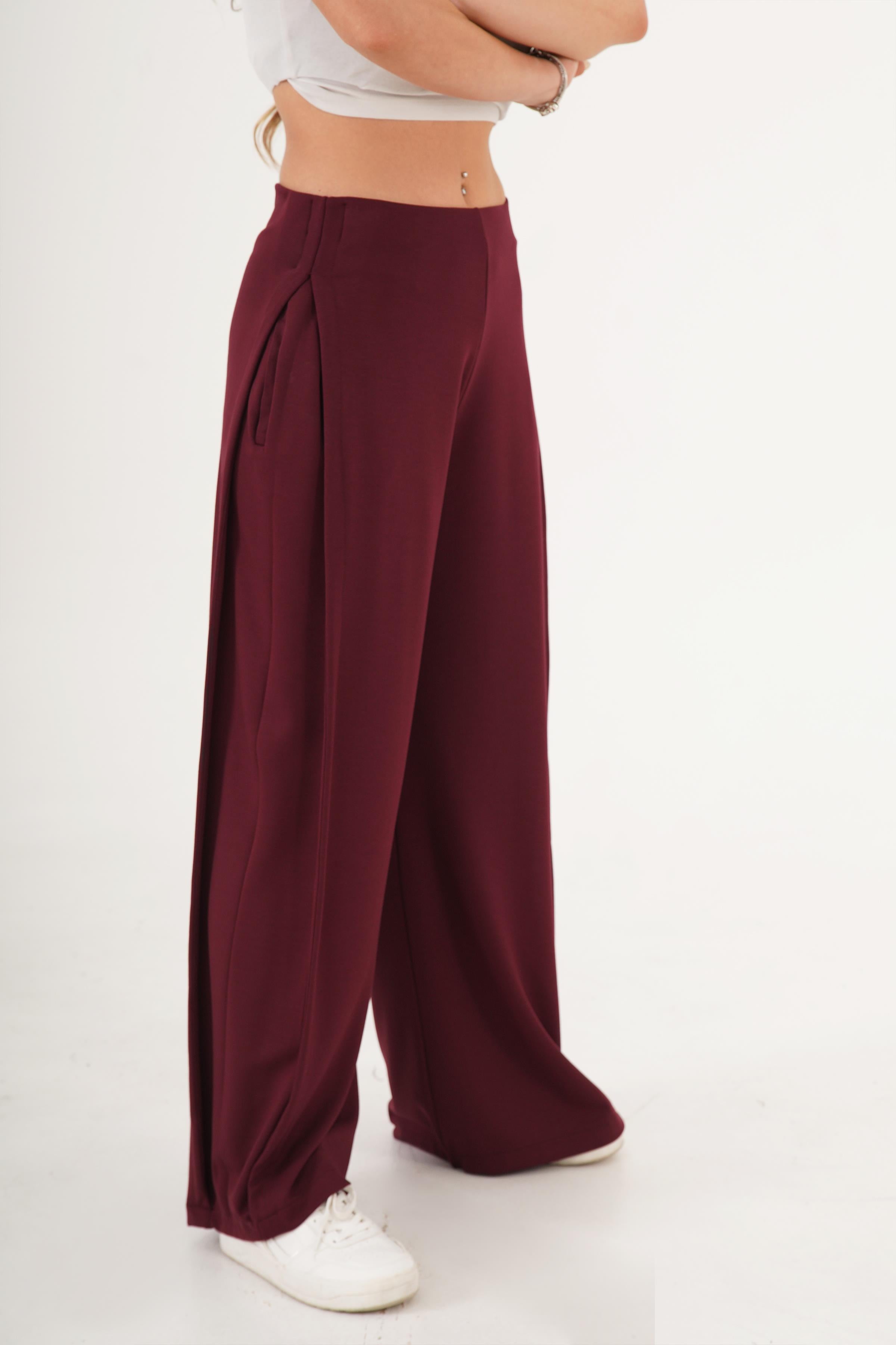 Yan Boydan Pileli Yüksek Bel Bordo Spor Pantolon