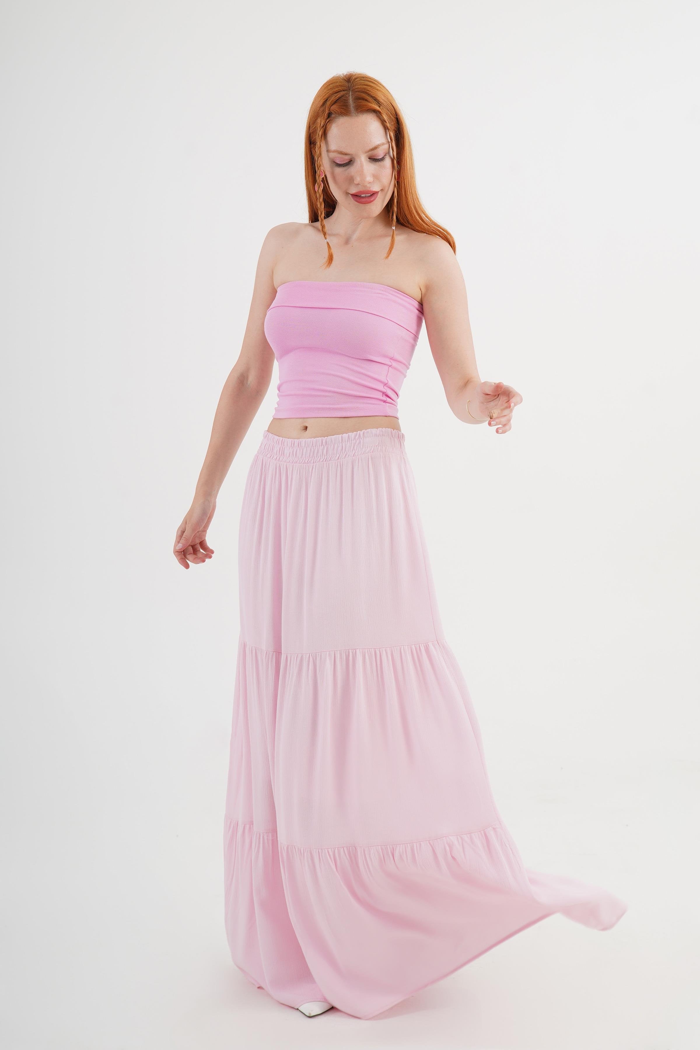 Fırfırlı Uzun Toptan Pembe Etek