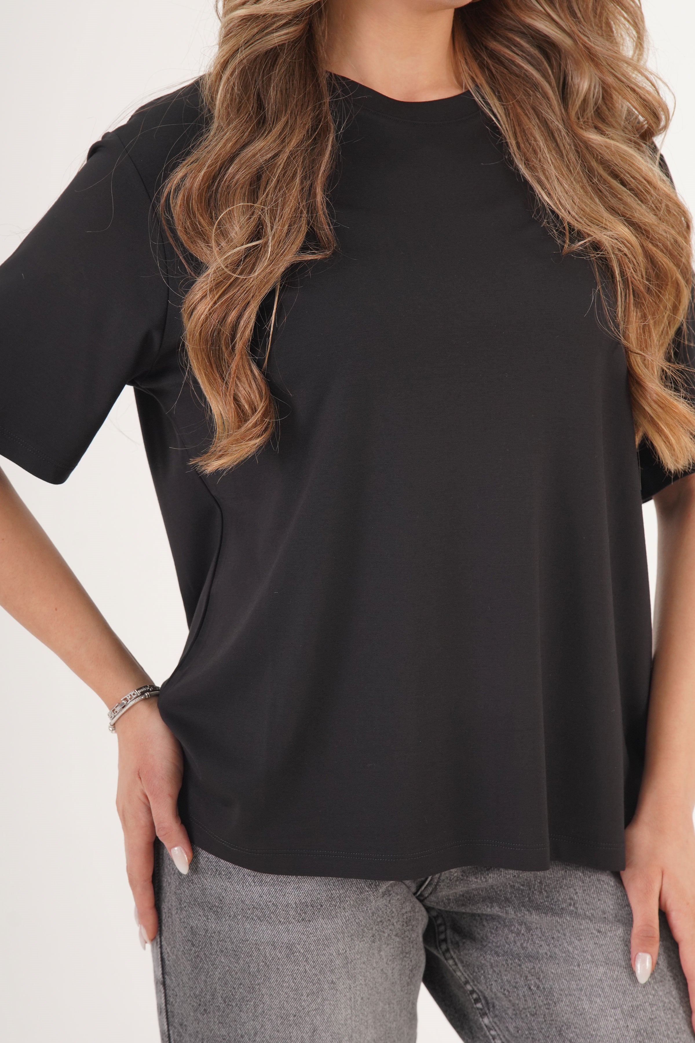 Dikiş Detaylı Bisiklet Yaka Toptan Siyah Tişört