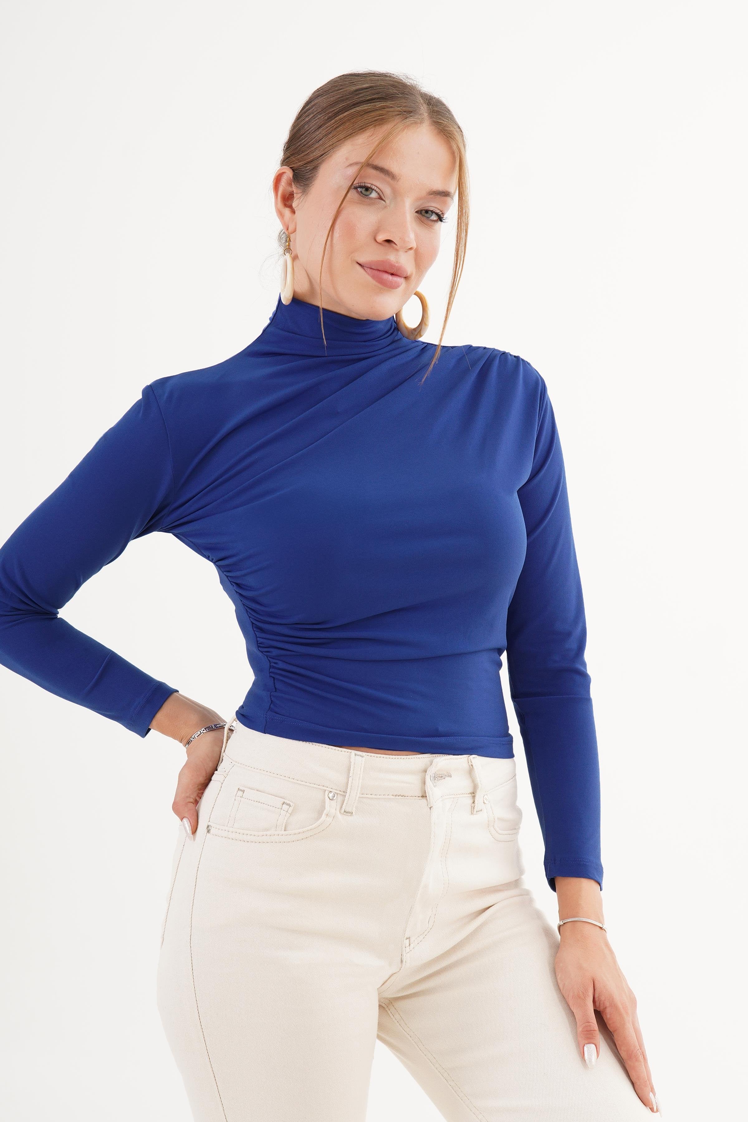 Omuz Ve Bel Büzgülü Dik Yaka Toptan Saks Bluz Saks S