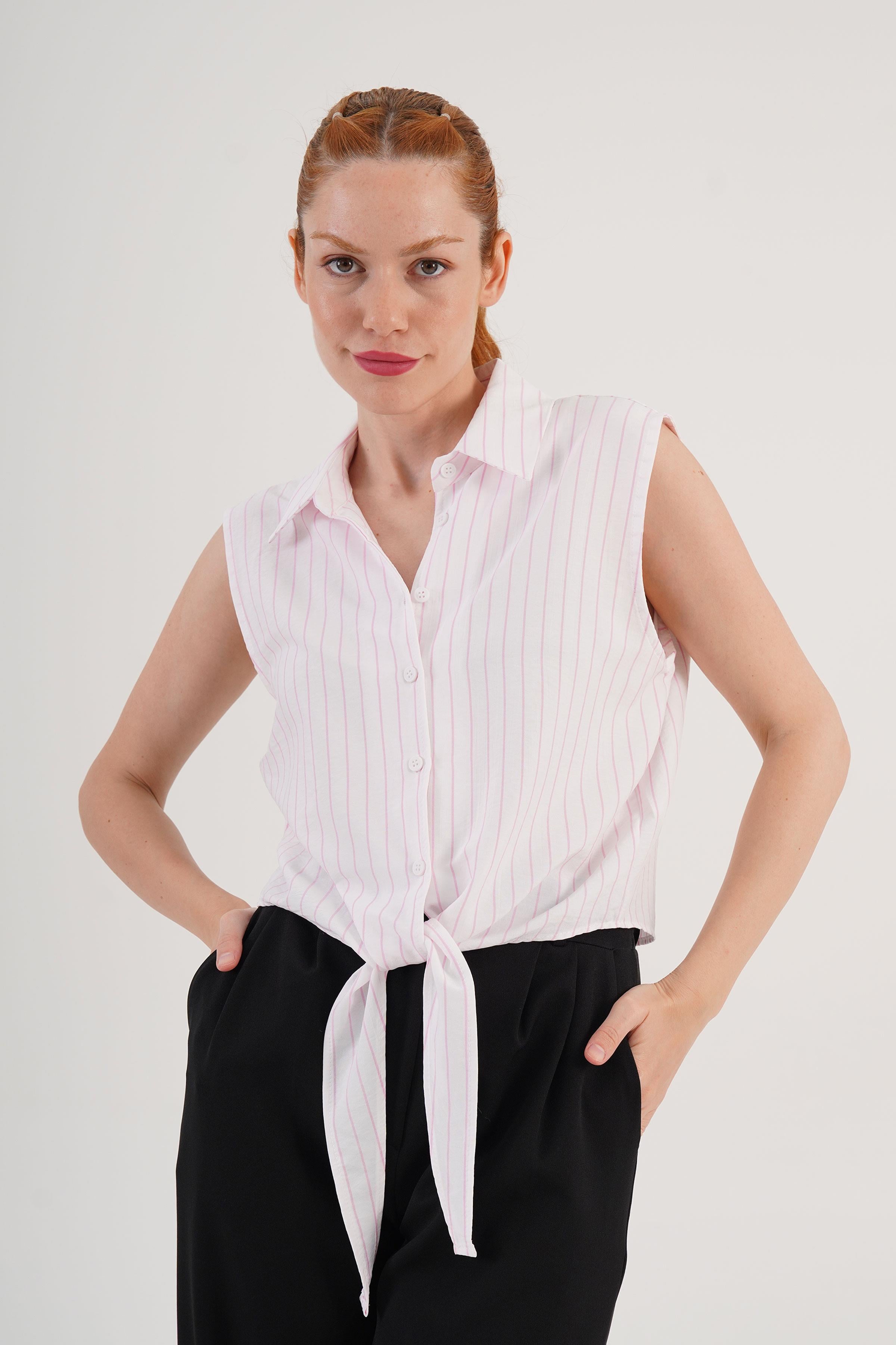 Kolsuz Model Pembe Çizgili Toptan Gömlek Pembe S